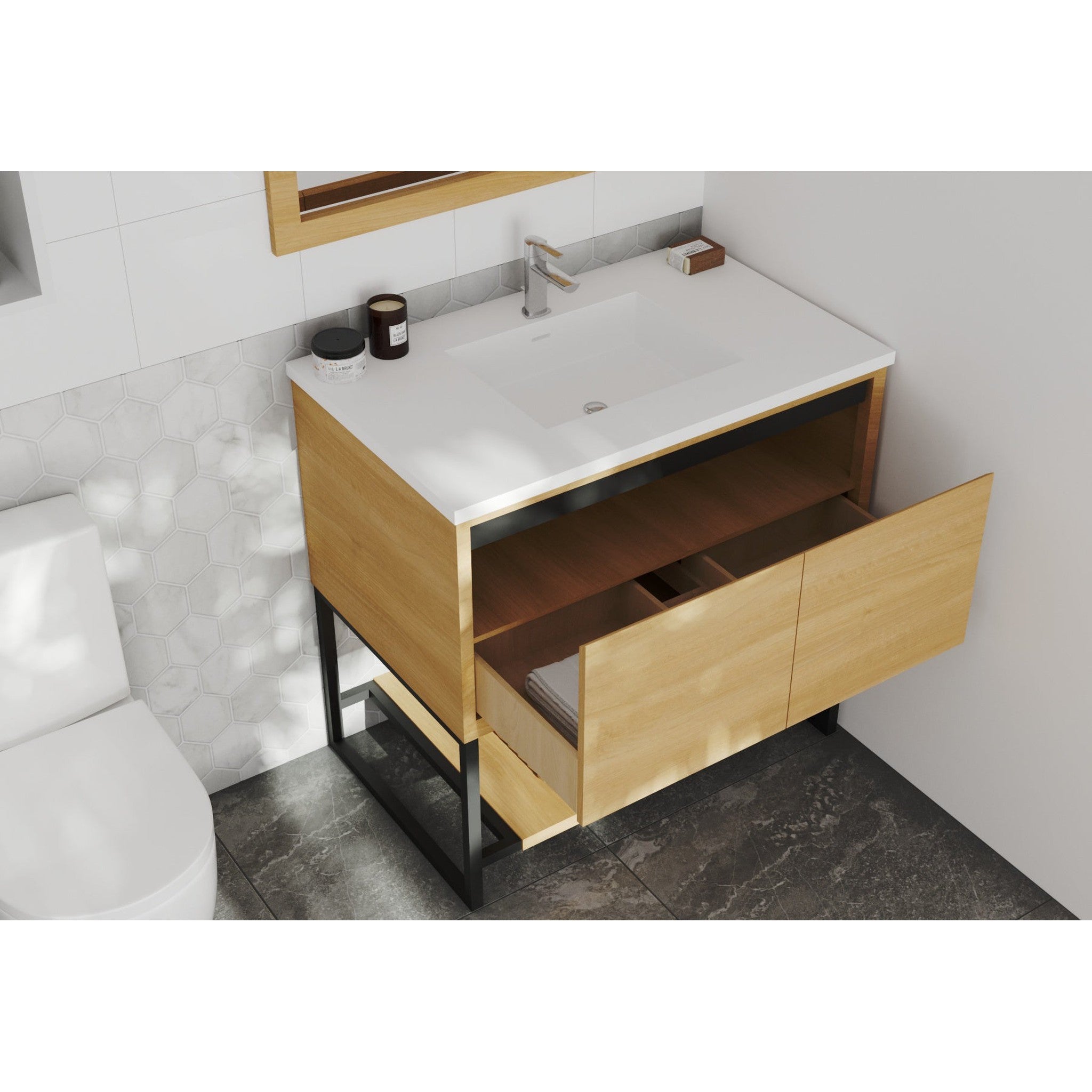 Alto 36" California White Oak Bathroom Vanity with Matte White VIVA Stone Solid Surface Countertop