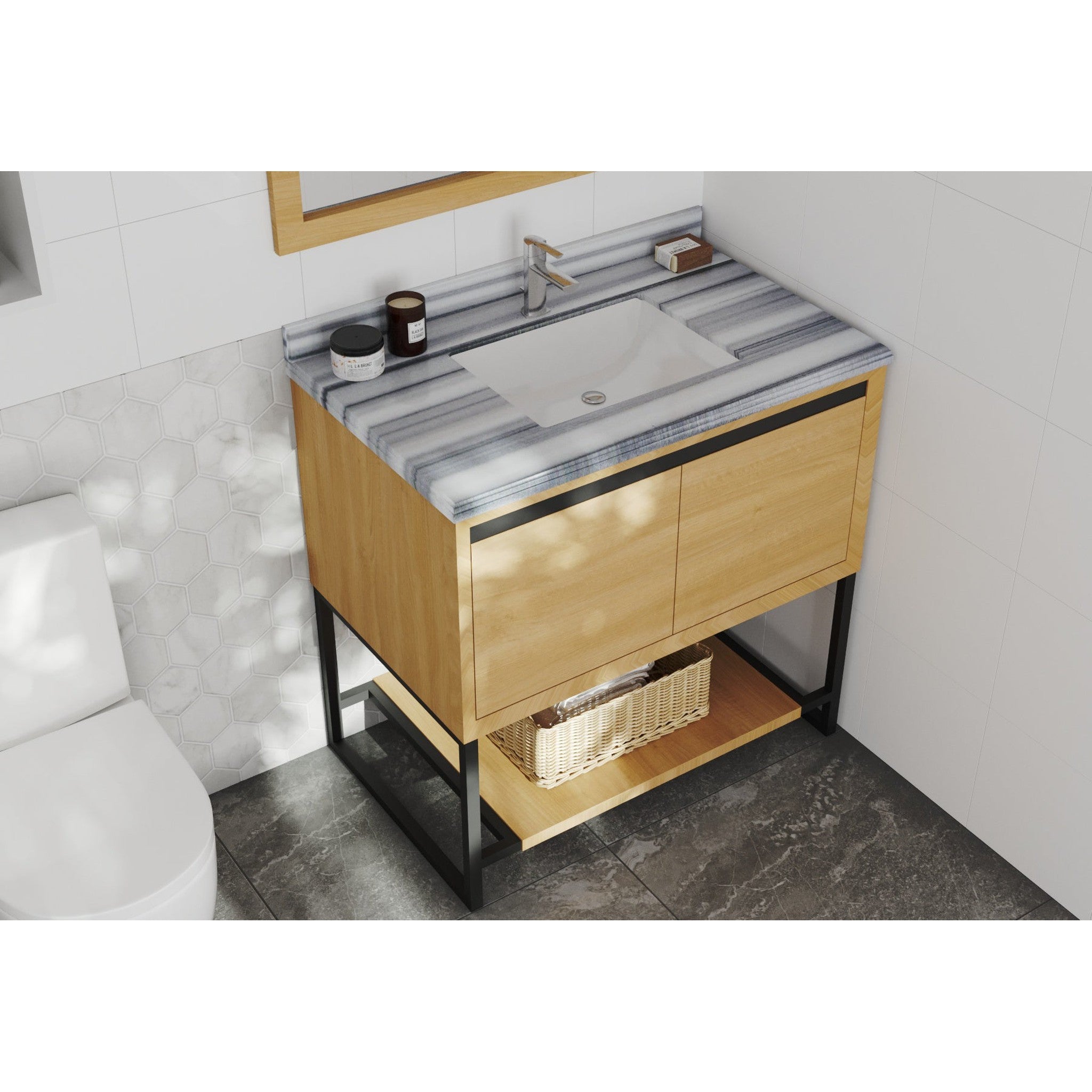 Alto 36" California White Oak Bathroom Vanity with White Stripes Marble Countertop