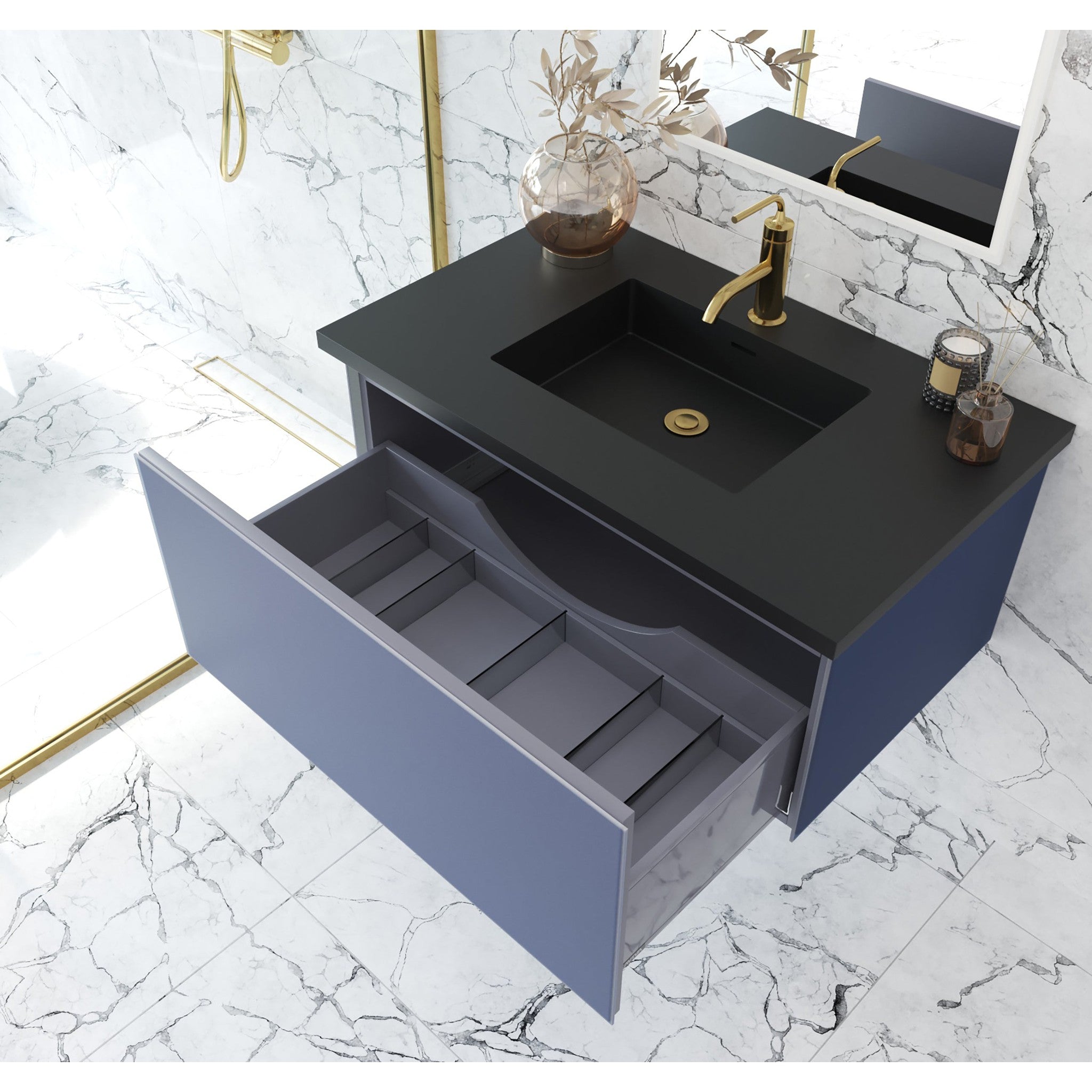 Vitri 36" Nautical Blue Bathroom Vanity with VIVA Stone Matte Black Solid Surface Countertop