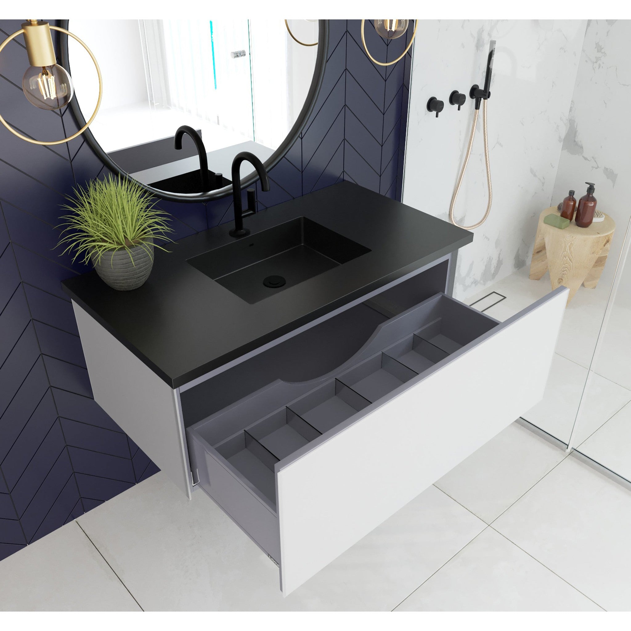 Vitri 42" Cloud White Bathroom Vanity with VIVA Stone Matte Black Solid Surface Countertop