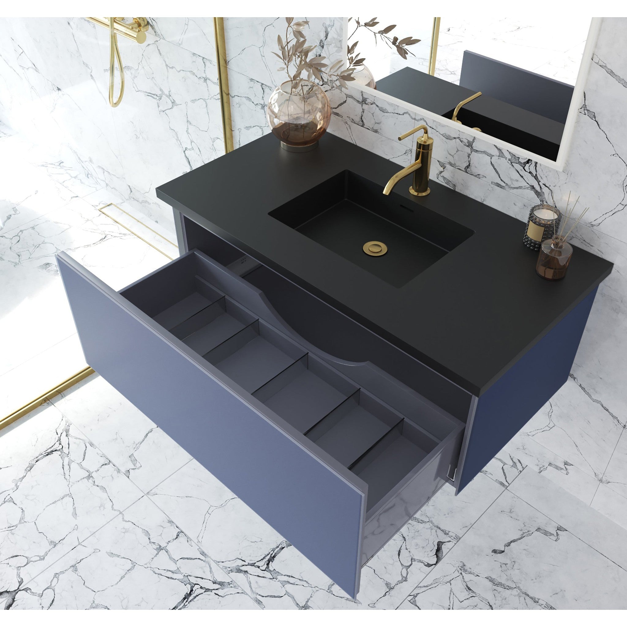 Vitri 42" Nautical Blue Bathroom Vanity with VIVA Stone Matte Black Solid Surface Countertop