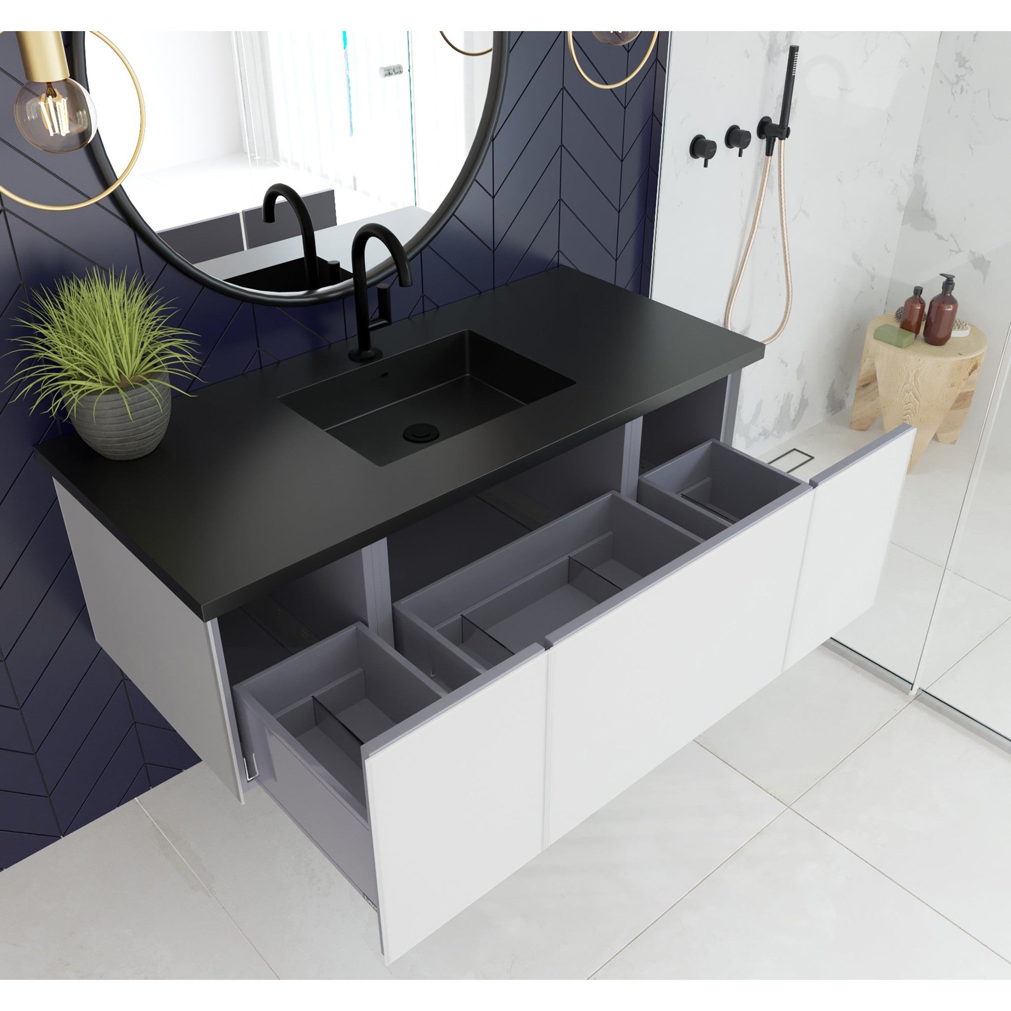 Vitri 48" Cloud White Bathroom Vanity with VIVA Stone Matte Black Solid Surface Countertop