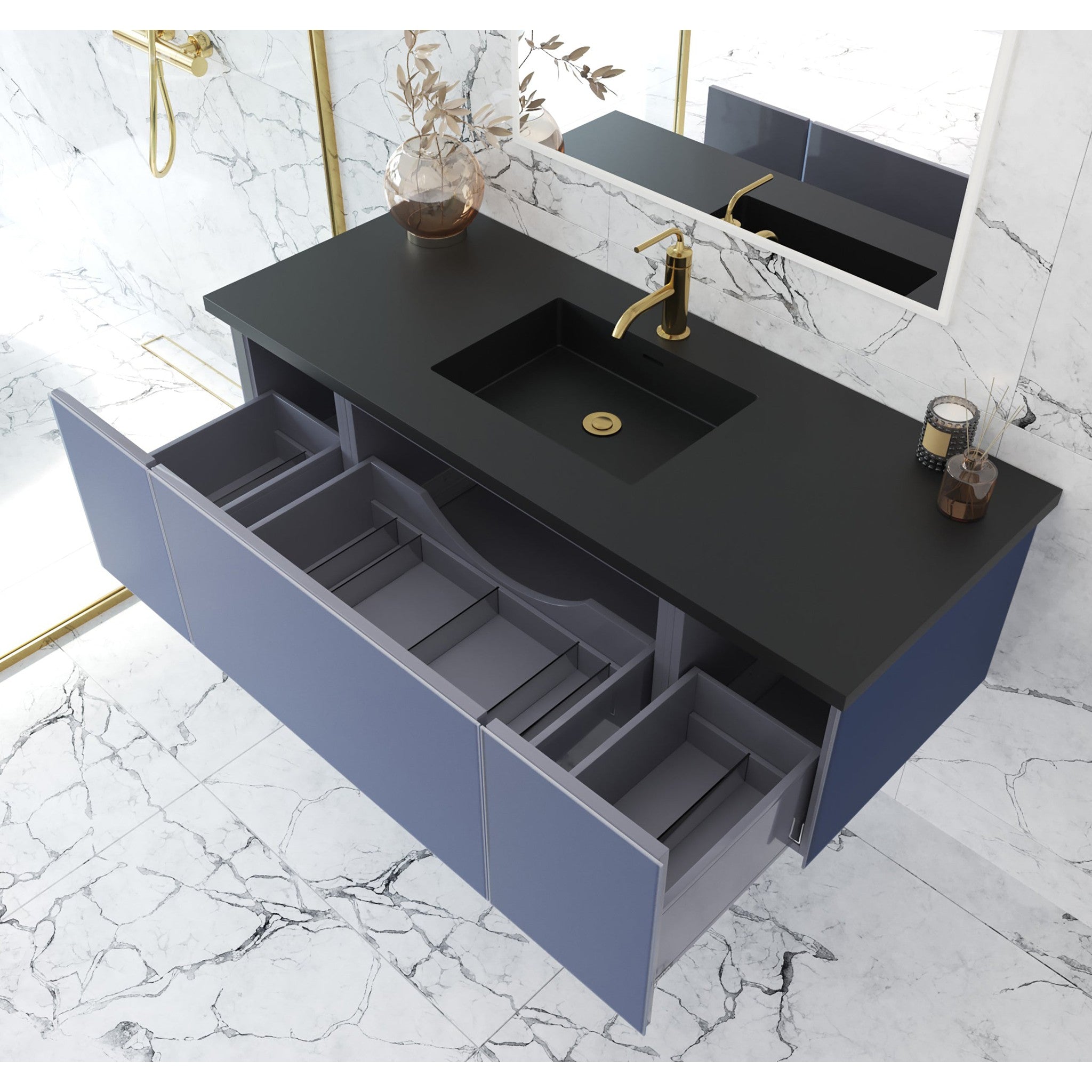 Vitri 54" Nautical Blue Bathroom Vanity with VIVA Stone Matte Black Solid Surface Countertop