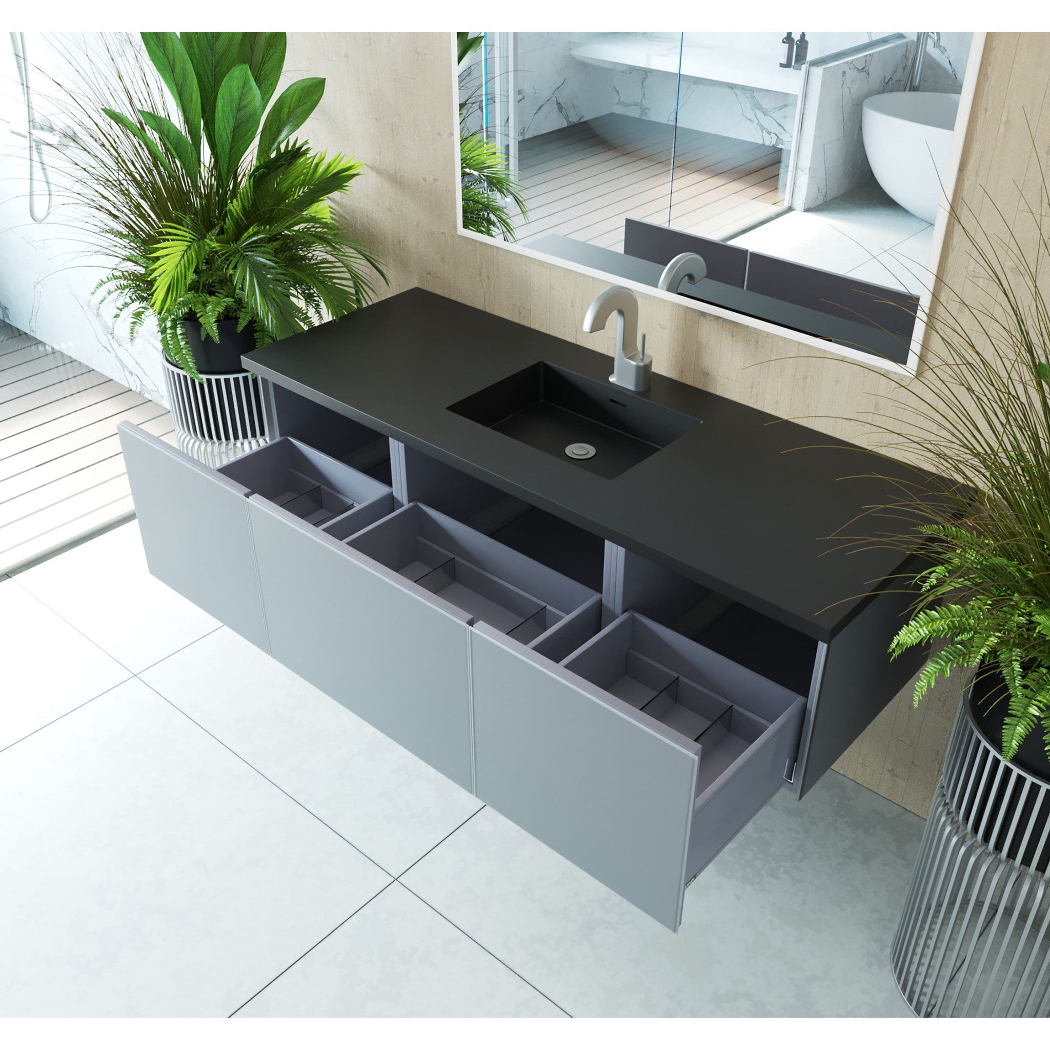 Vitri 60" Fossil Grey Single Sink Bathroom Vanity with VIVA Stone Matte Black Solid Surface Countertop