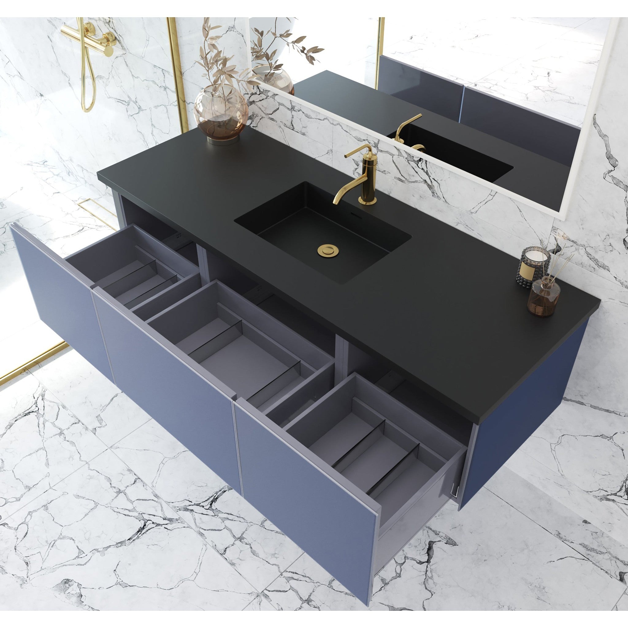 Vitri 60" Nautical Blue Single Sink Bathroom Vanity with VIVA Stone Matte Black Solid Surface Countertop