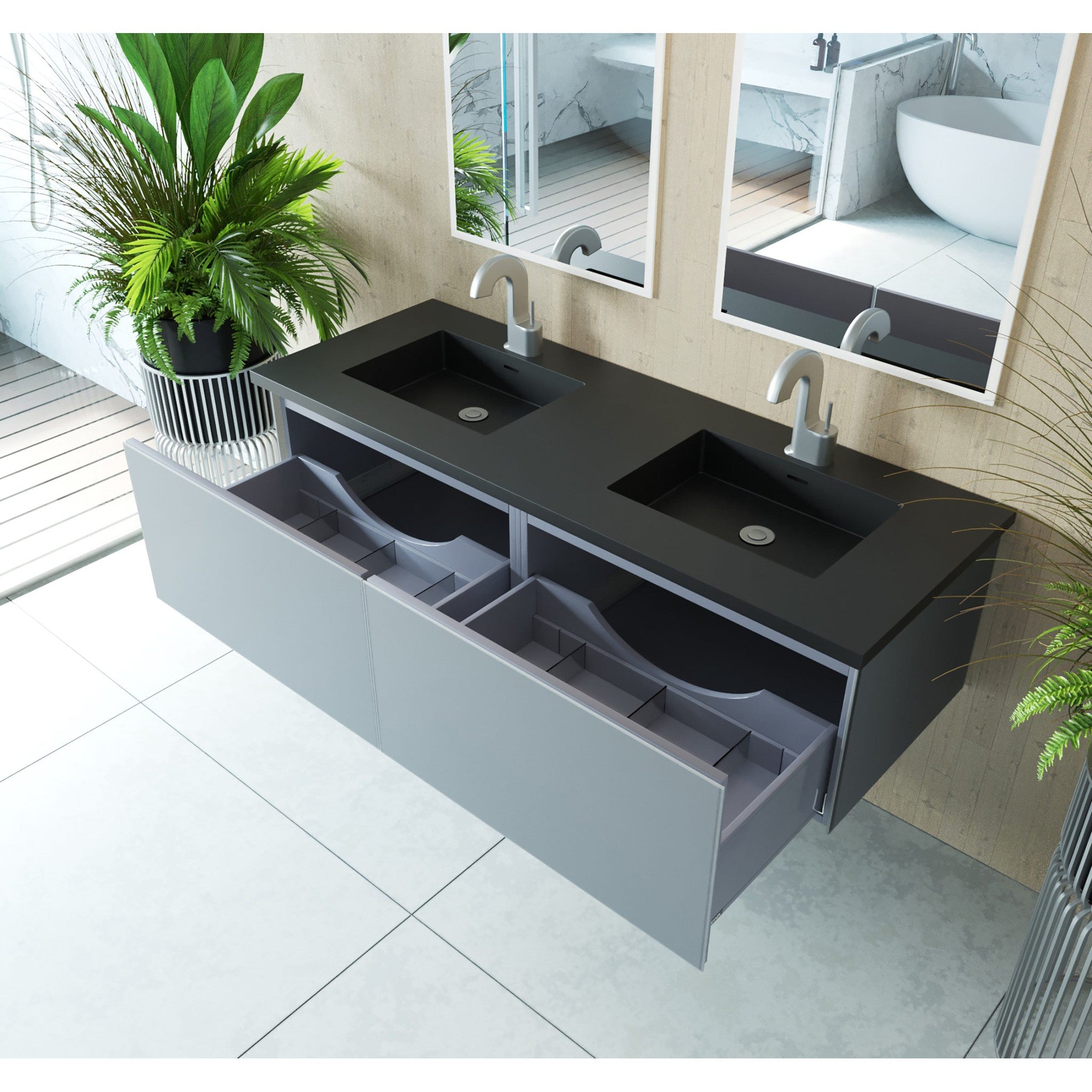 Vitri 60" Fossil Grey Double Sink Bathroom Vanity with VIVA Stone Matte Black Solid Surface Countertop