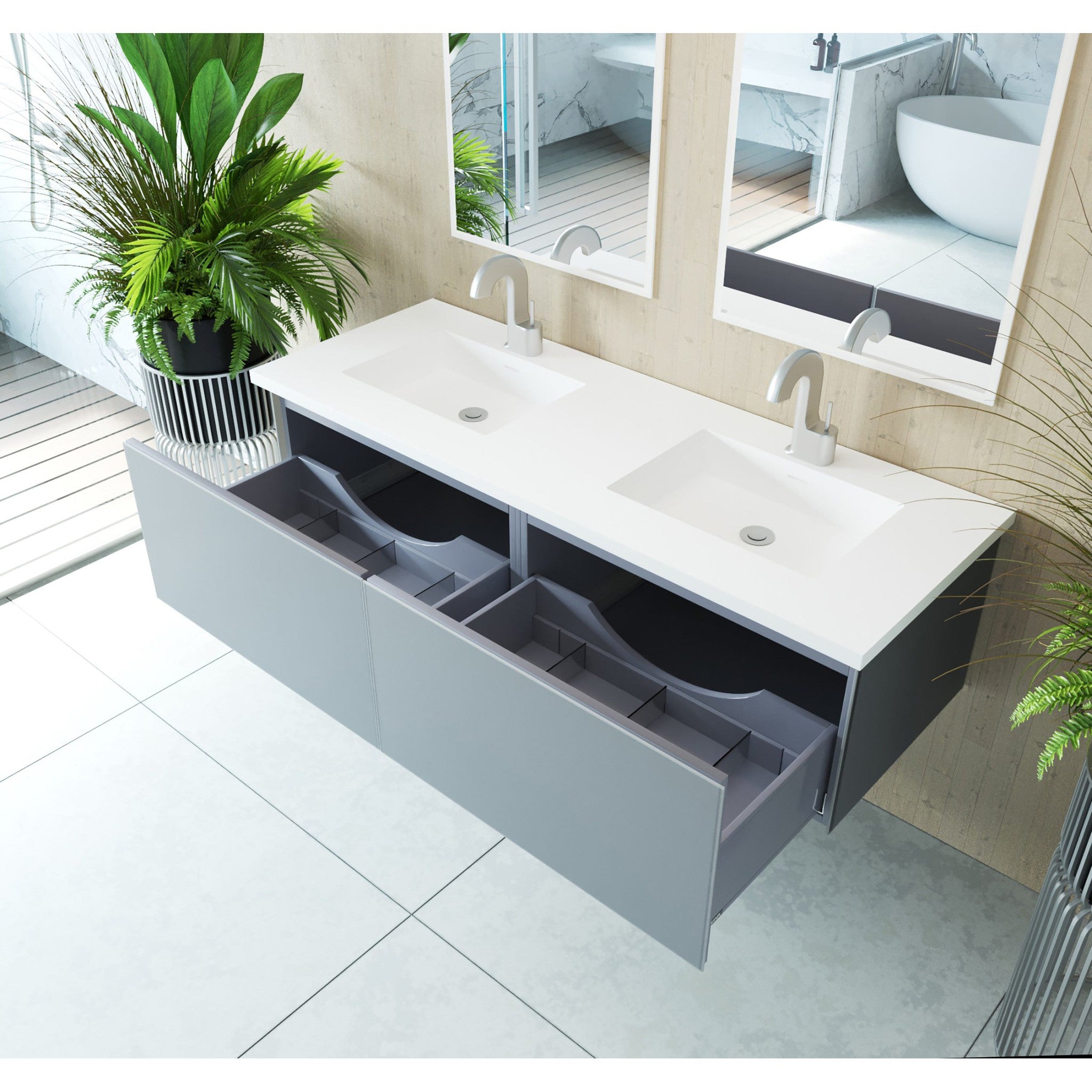 Vitri 60" Fossil Grey Double Sink Bathroom Vanity with VIVA Stone Matte White Solid Surface Countertop