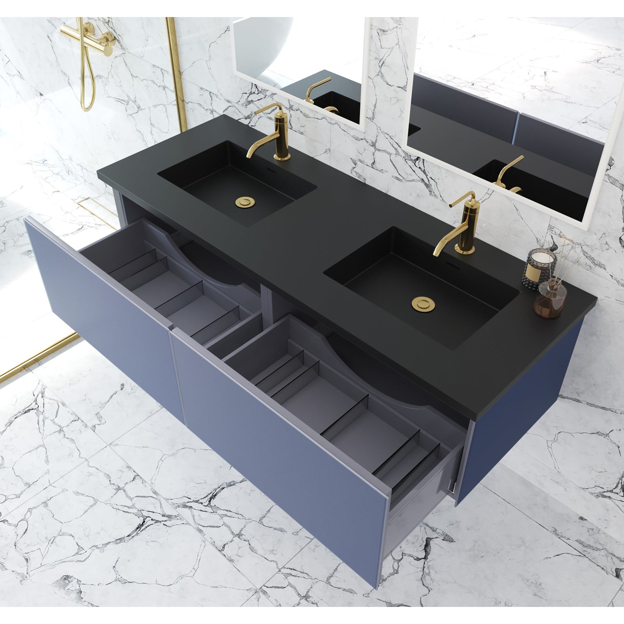 Vitri 60" Nautical Blue Double Sink Bathroom Vanity with VIVA Stone Matte Black Solid Surface Countertop