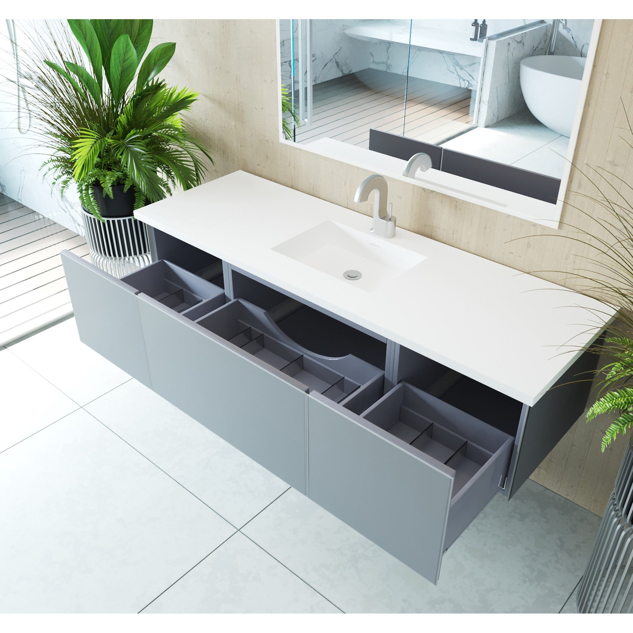 Vitri 66" Fossil Grey Single Sink Bathroom Vanity with VIVA Stone Matte White Solid Surface Countertop