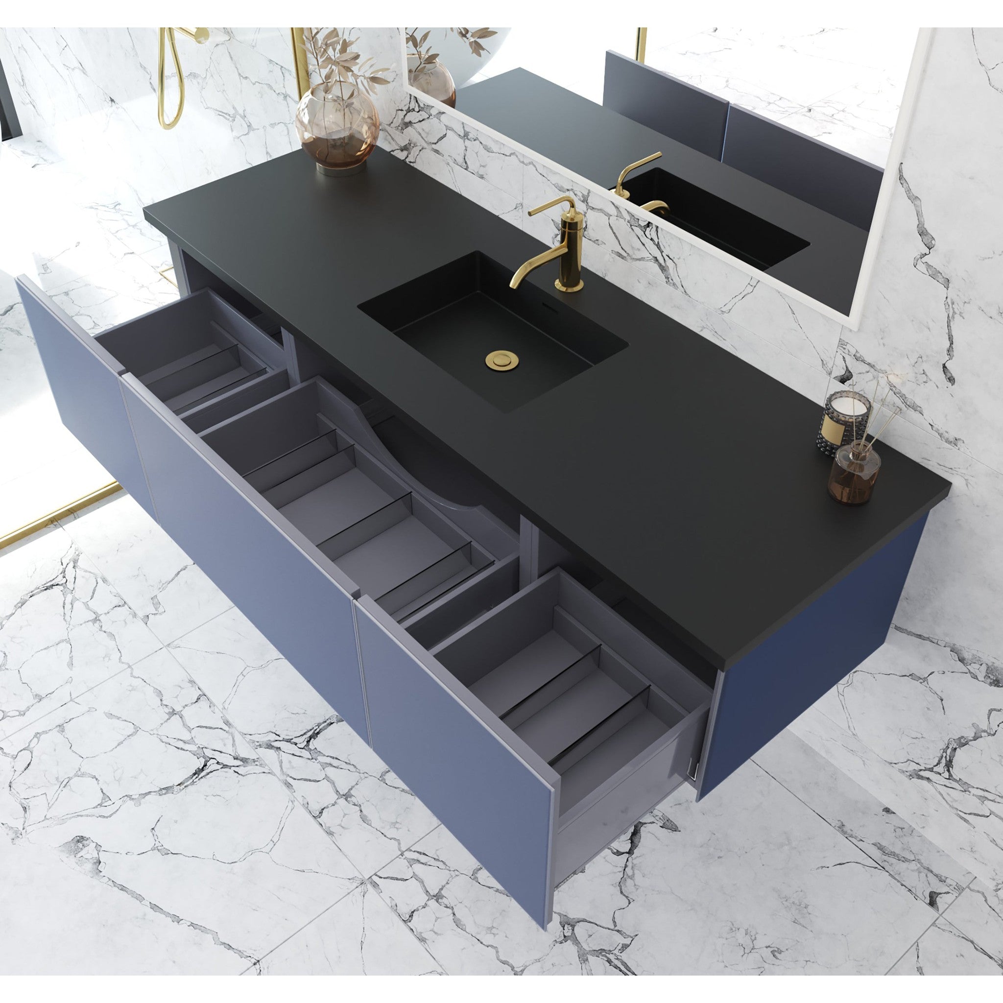 Vitri 66" Nautical Blue Single Sink Bathroom Vanity with VIVA Stone Matte Black Solid Surface Countertop