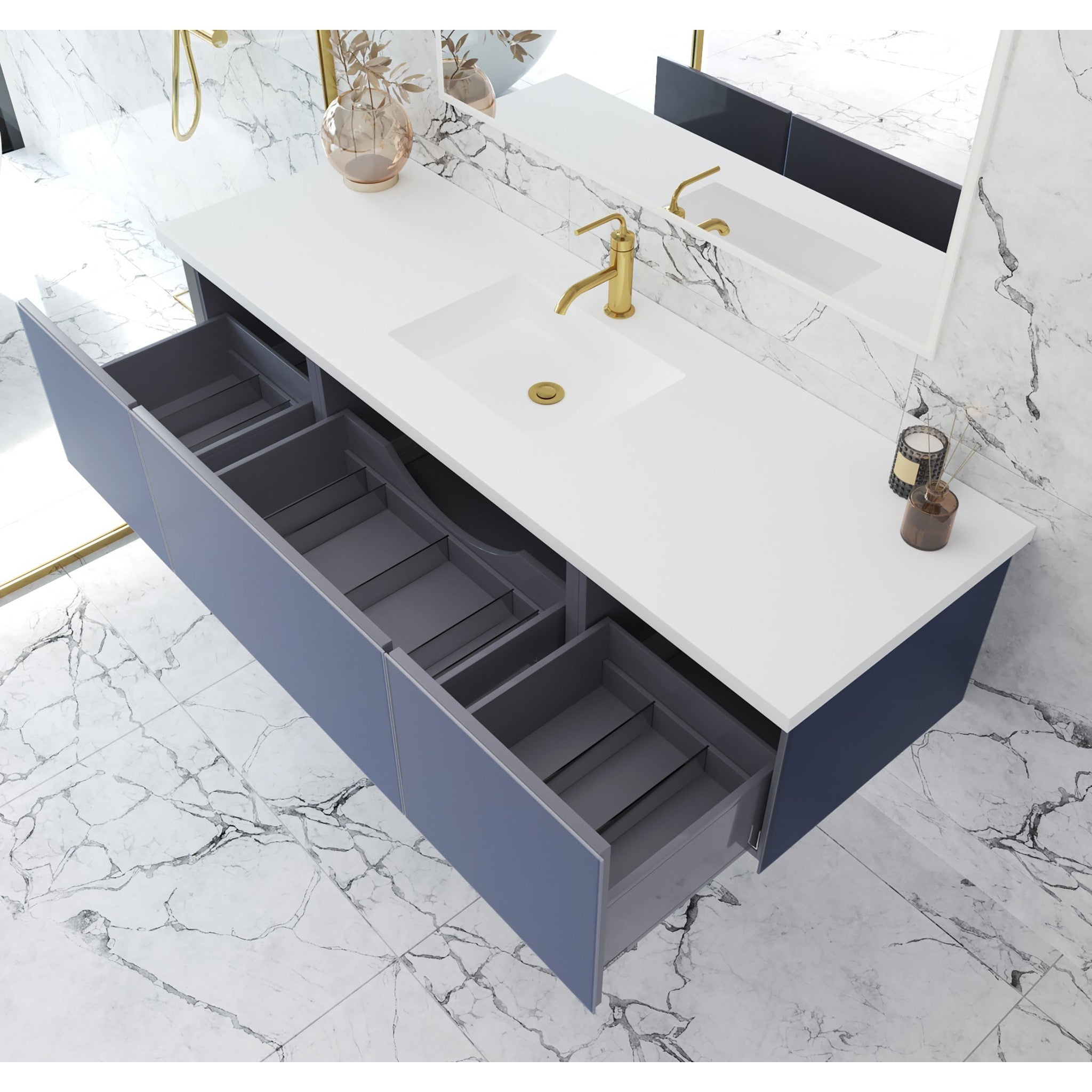 Vitri 66" Nautical Blue Single Sink Bathroom Vanity with VIVA Stone Matte White Solid Surface Countertop