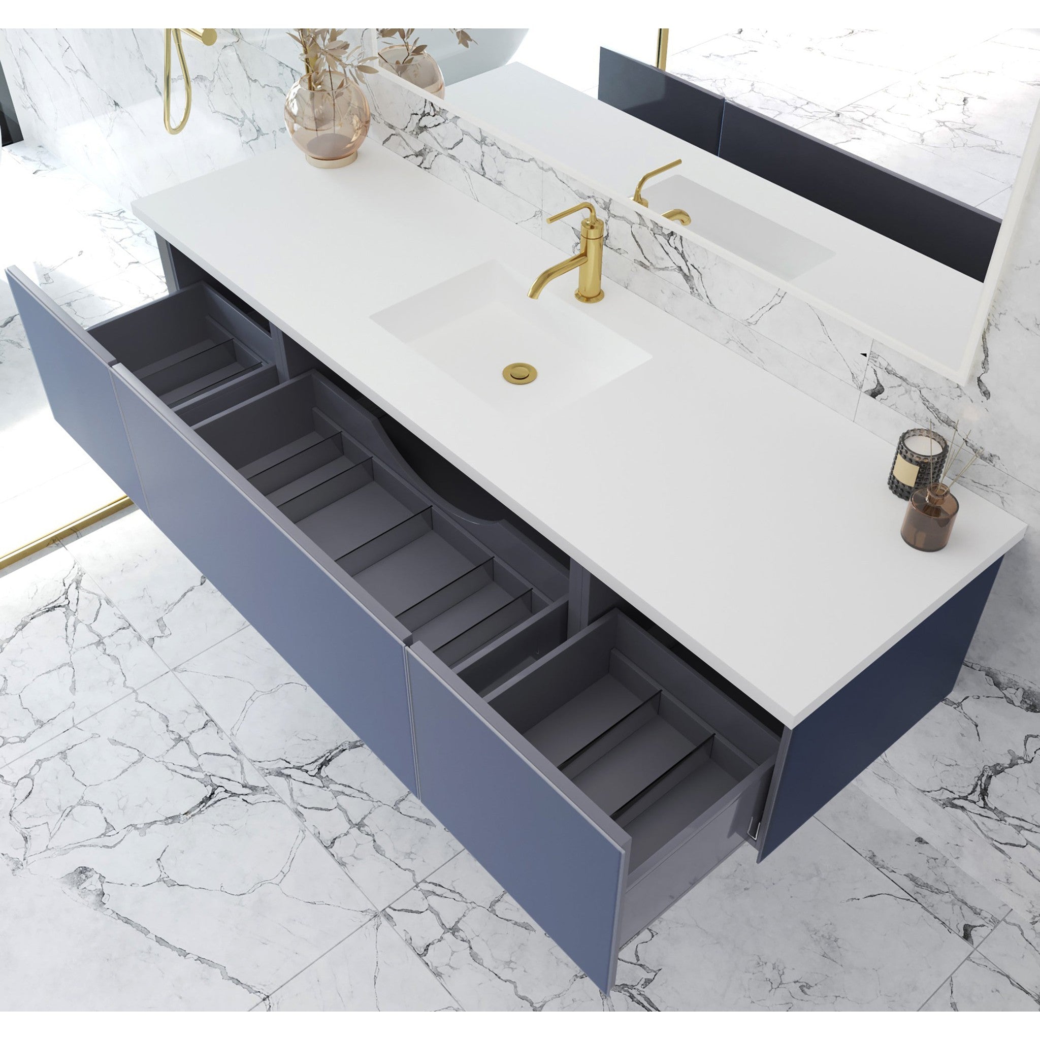 Vitri 72" Nautical Blue Single Sink Bathroom Vanity with VIVA Stone Matte White Solid Surface Countertop