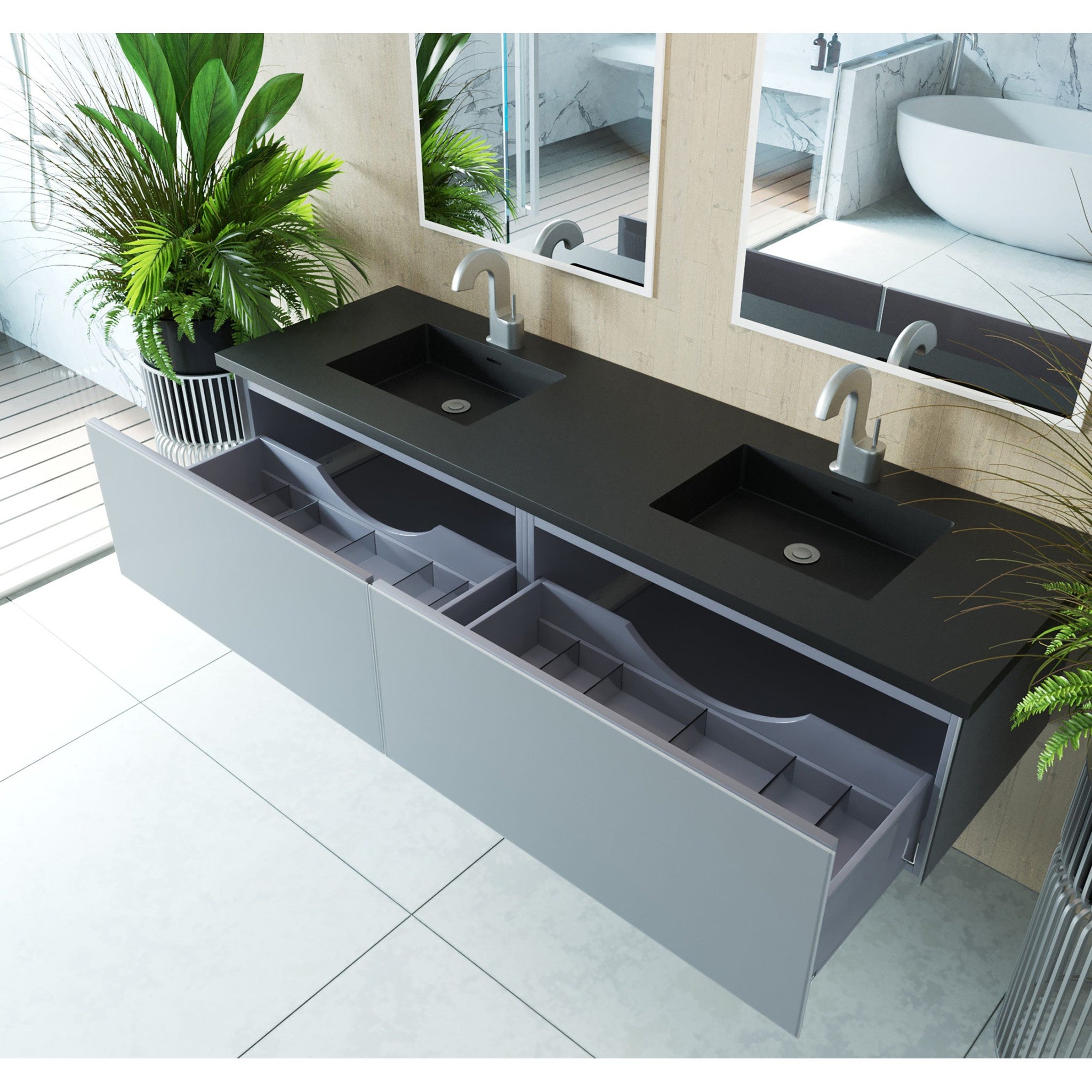 Vitri 72" Fossil Grey Double Sink Bathroom Vanity with VIVA Stone Matte Black Solid Surface Countertop