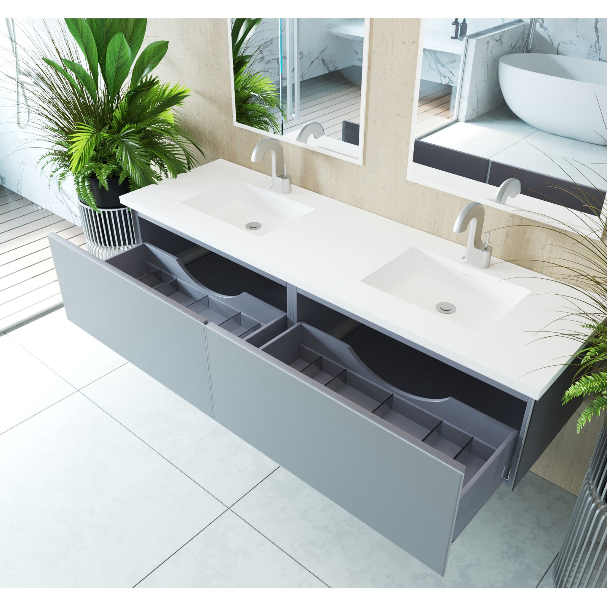 Vitri 72" Fossil Grey Double Sink Bathroom Vanity with VIVA Stone Matte White Solid Surface Countertop