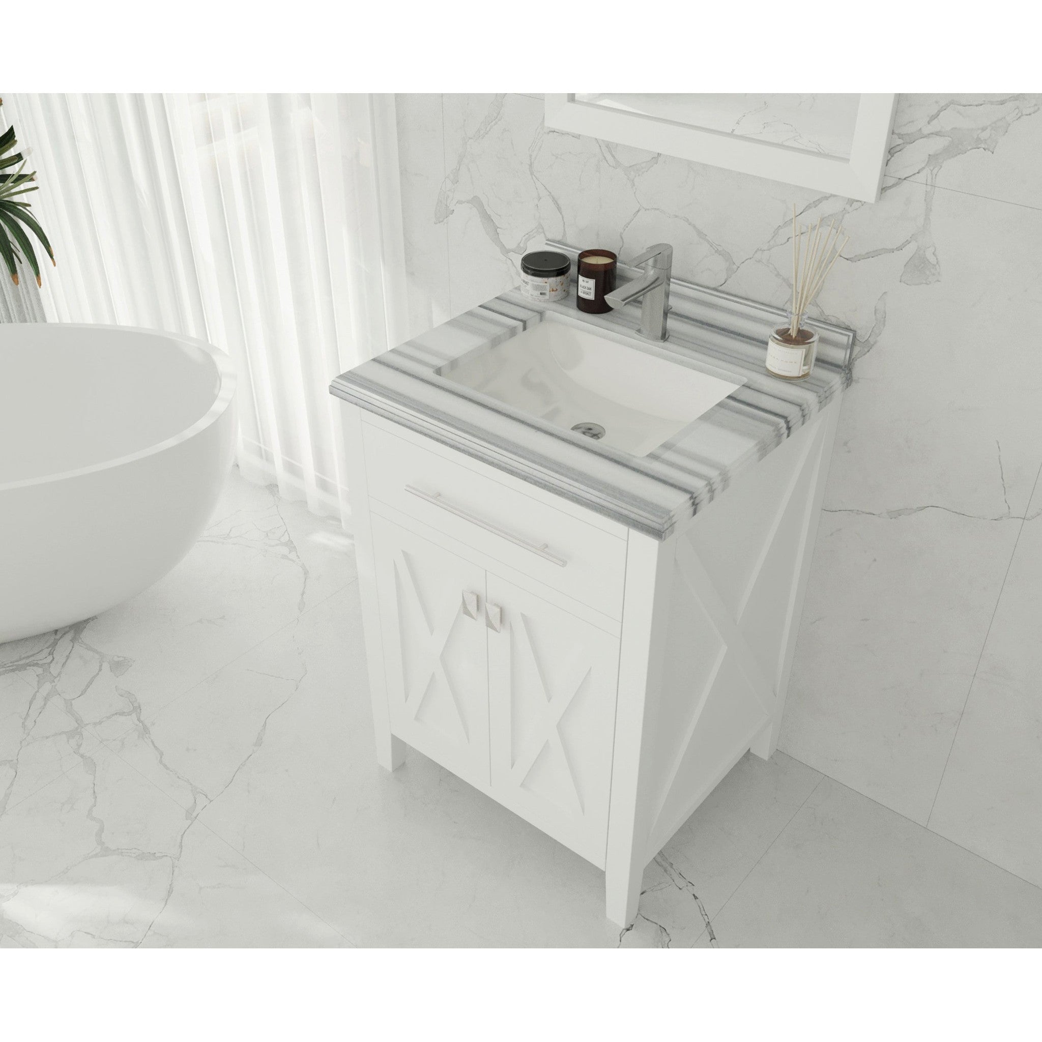 Wimbledon 24" White Bathroom Vanity with White Stripes Marble Countertop