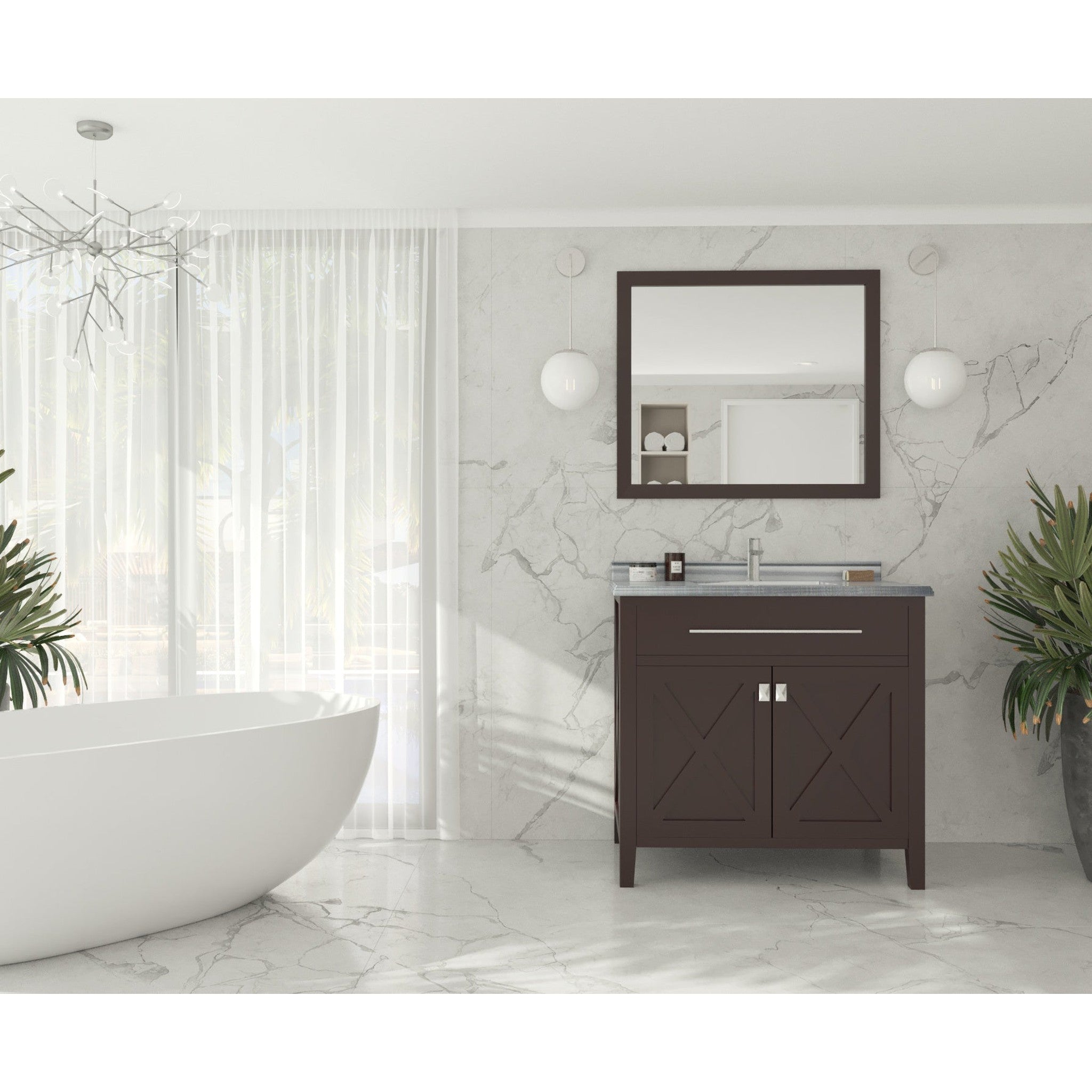 Wimbledon 36" Brown Bathroom Vanity with White Stripes Marble Countertop