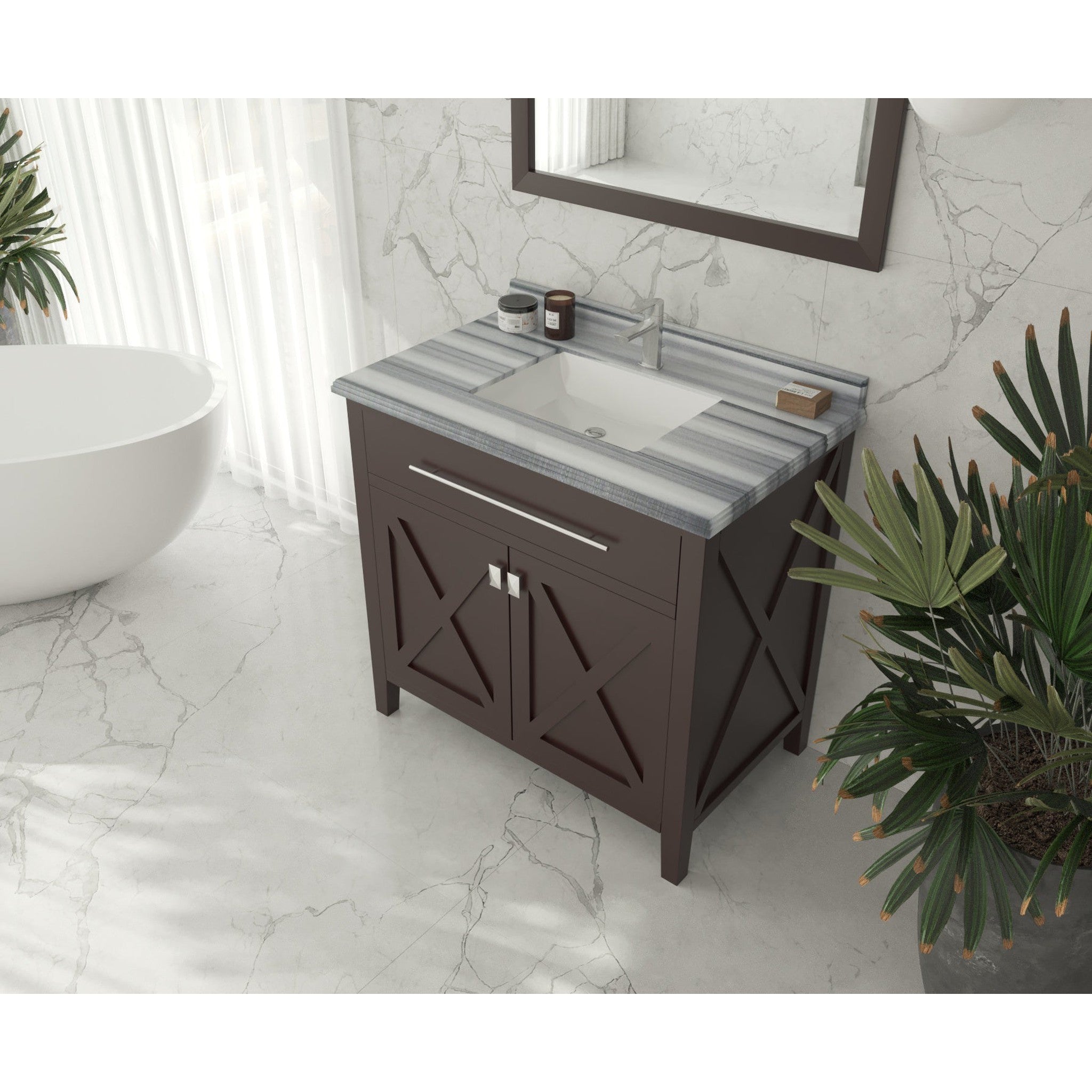 Wimbledon 36" Brown Bathroom Vanity with White Stripes Marble Countertop