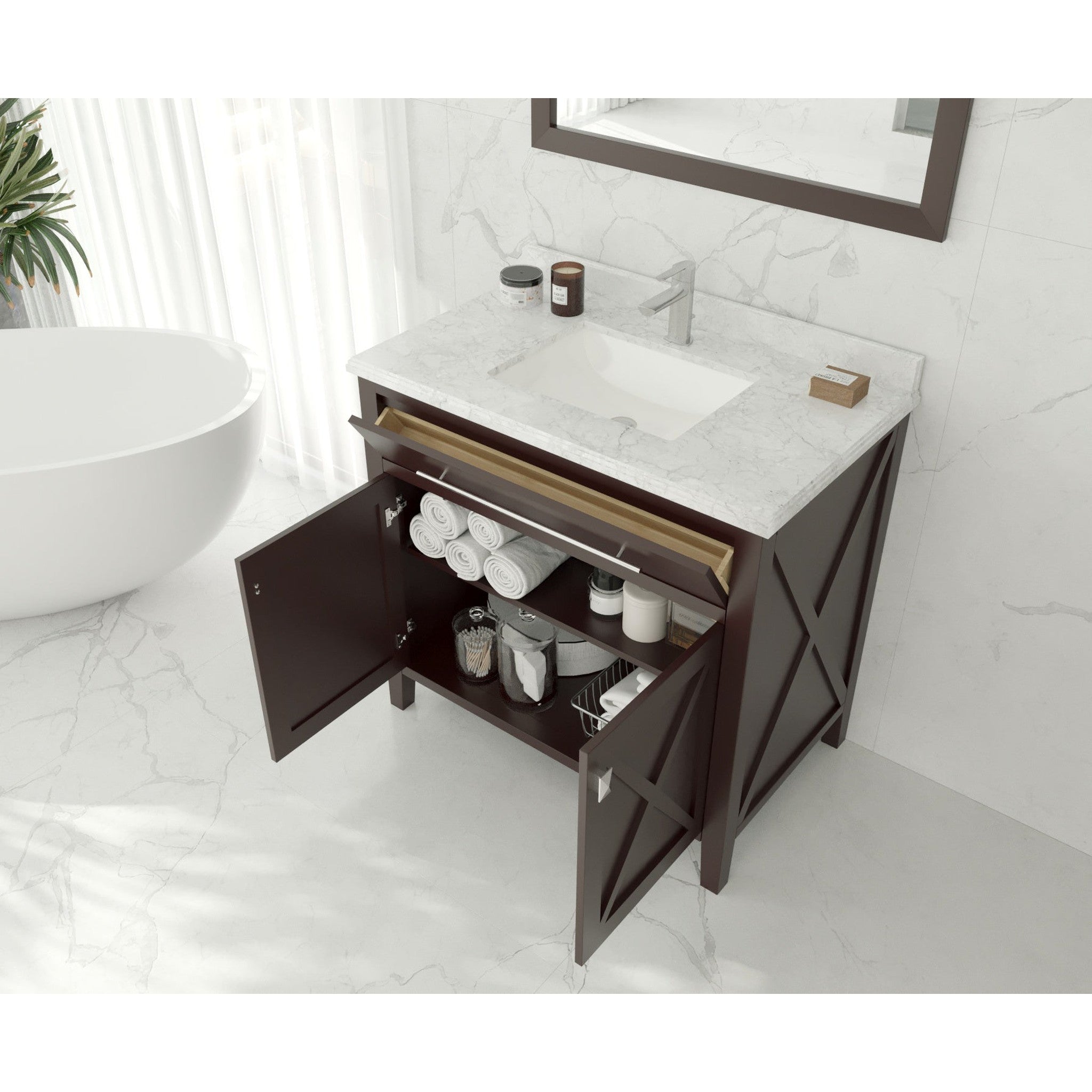 Wimbledon 36" Brown Bathroom Vanity with White Stripes Marble Countertop