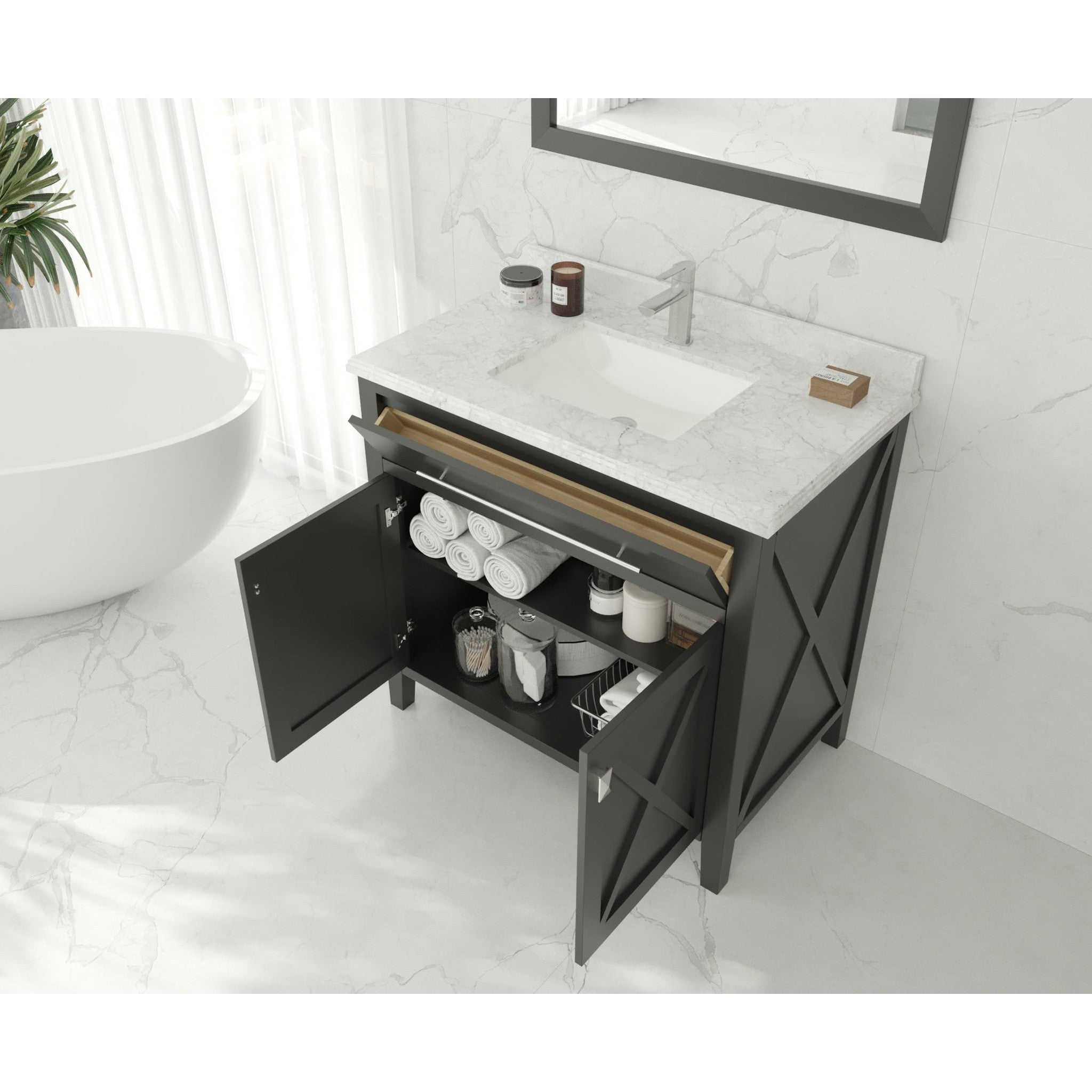 Wimbledon 36" Espresso Bathroom Vanity with White Stripes Marble Countertop