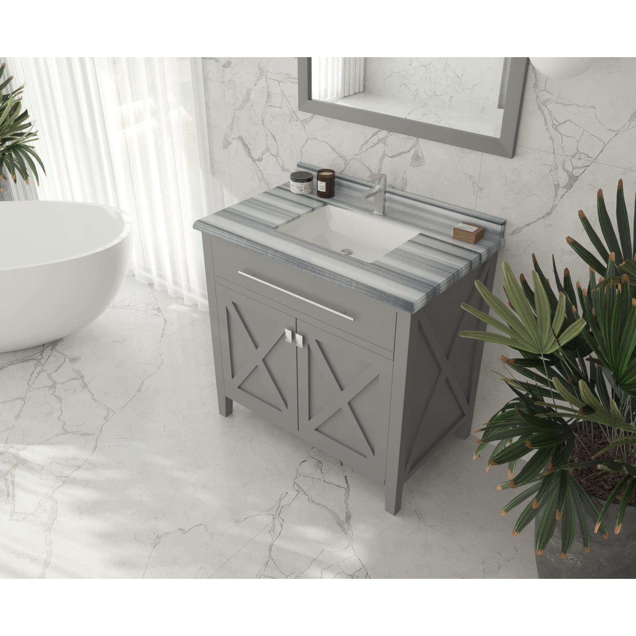 Wimbledon 36" Grey Bathroom Vanity with White Stripes Marble Countertop