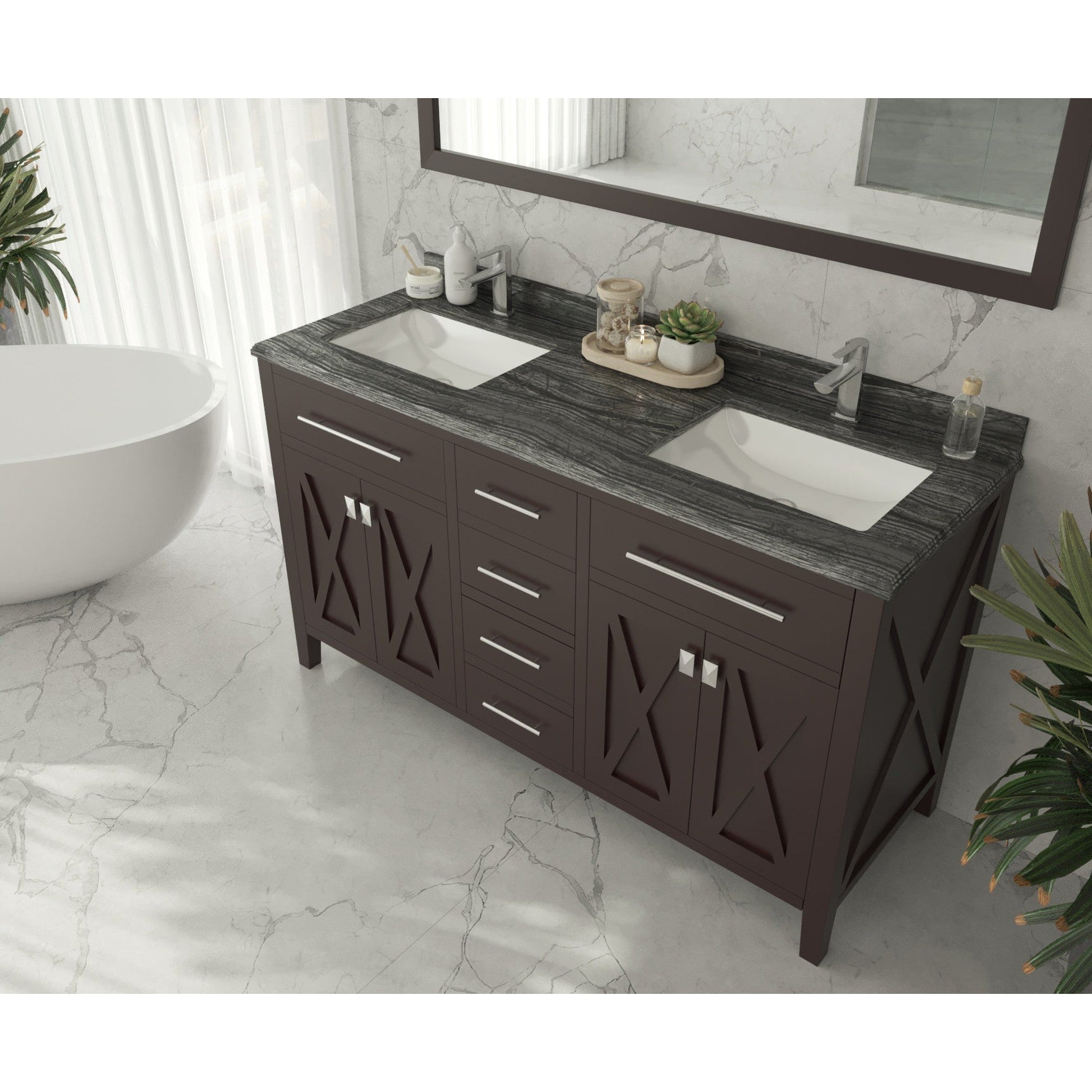 Wimbledon 60" Brown Double Sink Bathroom Vanity with Black Wood Marble Countertop