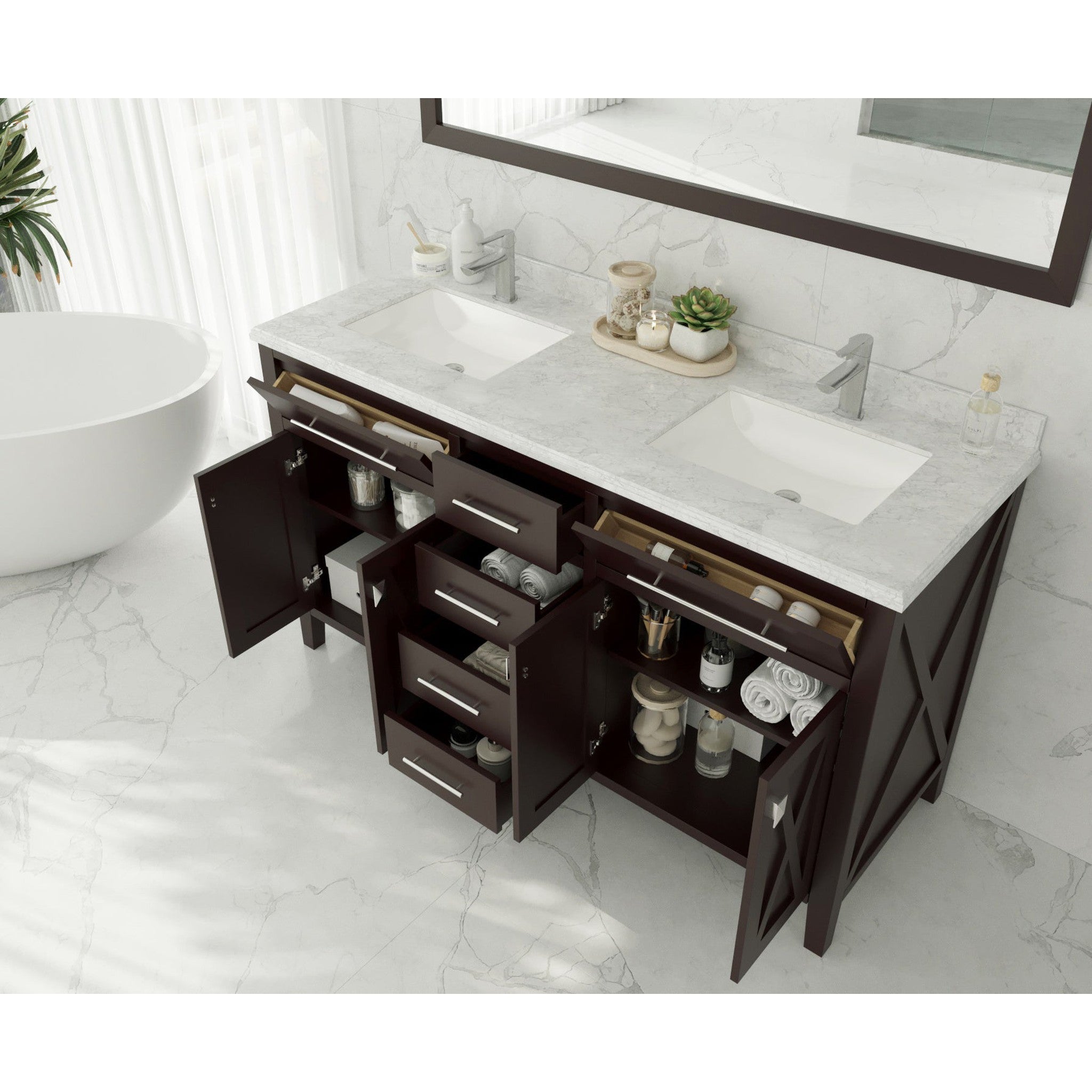 Wimbledon 60" Brown Double Sink Bathroom Vanity with Black Wood Marble Countertop