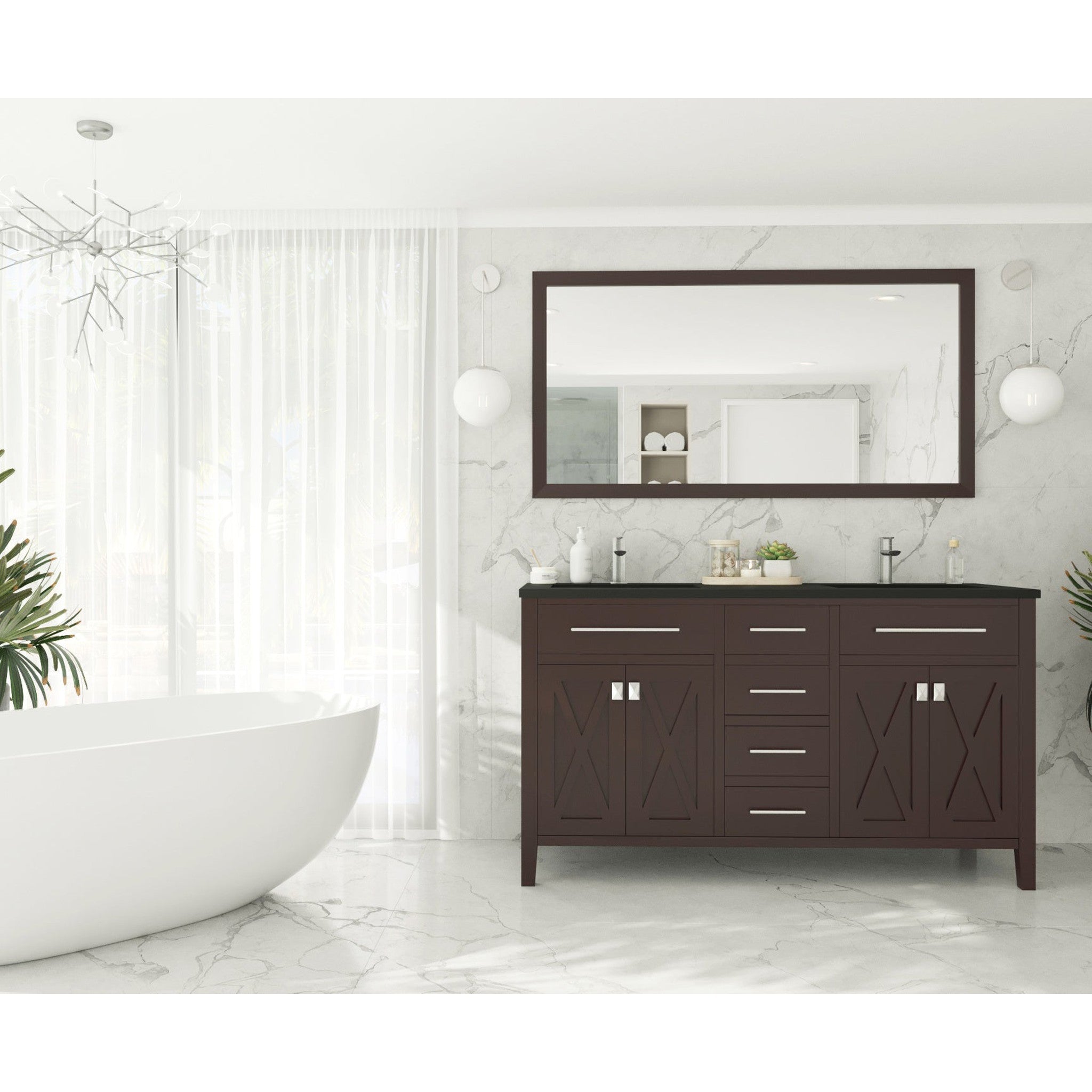 Wimbledon 60" Brown Double Sink Bathroom Vanity with Matte Black VIVA Stone Solid Surface Countertop