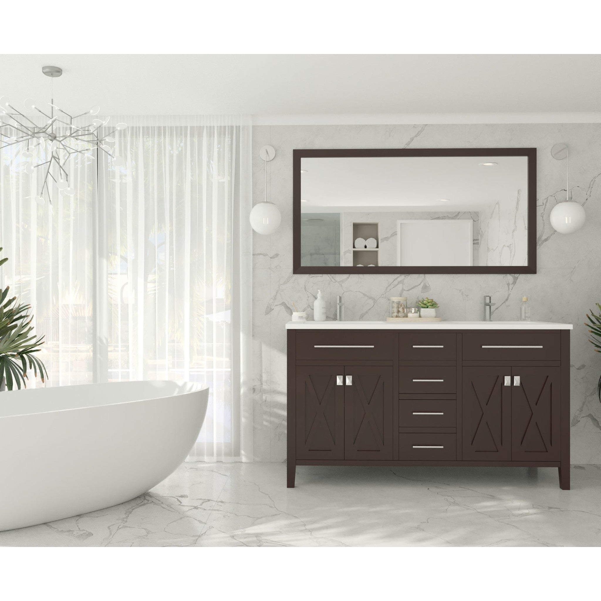 Wimbledon 60" Brown Double Sink Bathroom Vanity with Matte White VIVA Stone Solid Surface Countertop