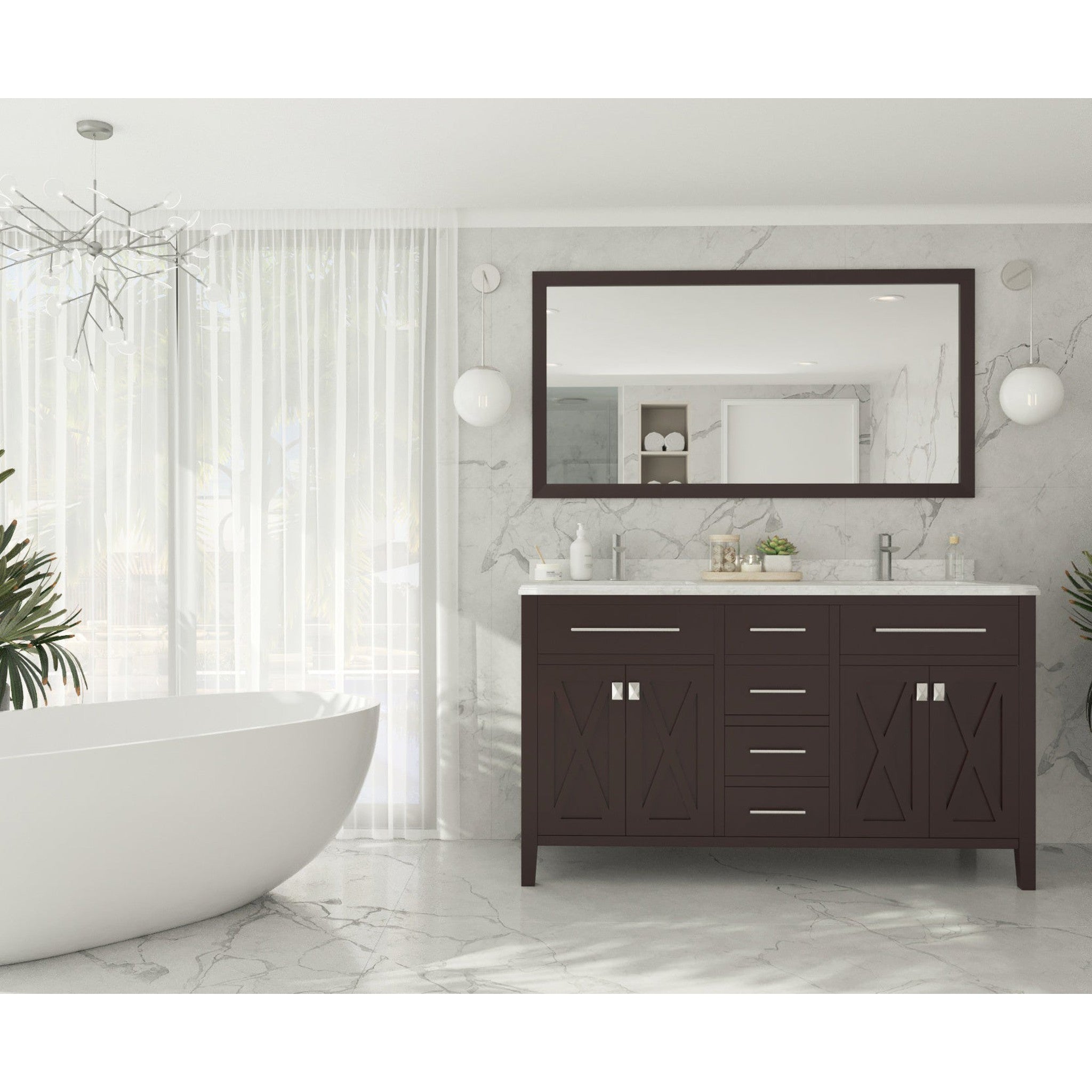 Wimbledon 60" Brown Double Sink Bathroom Vanity with White Carrara Marble Countertop