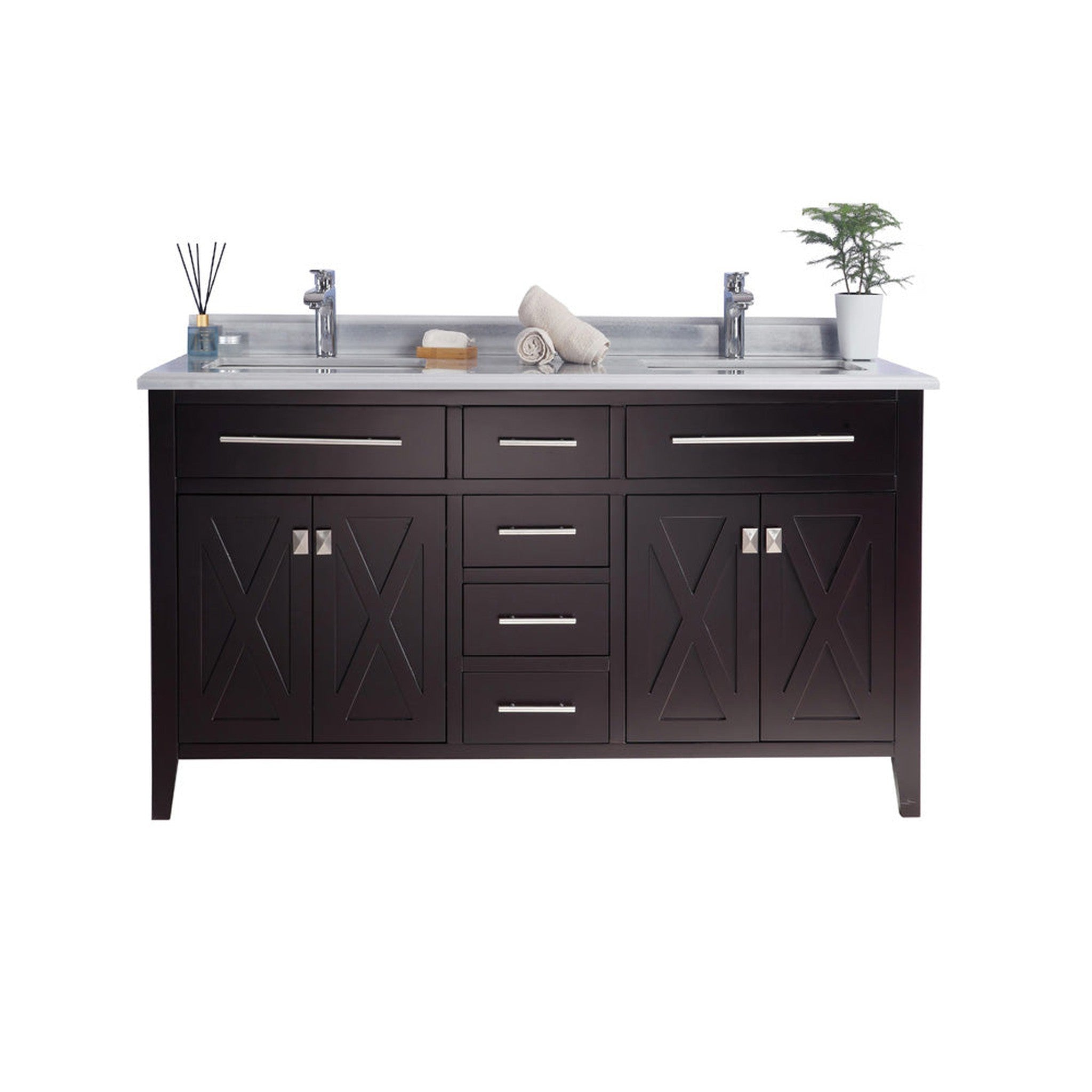 Wimbledon 60" Brown Double Sink Bathroom Vanity with White Stripes Marble Countertop