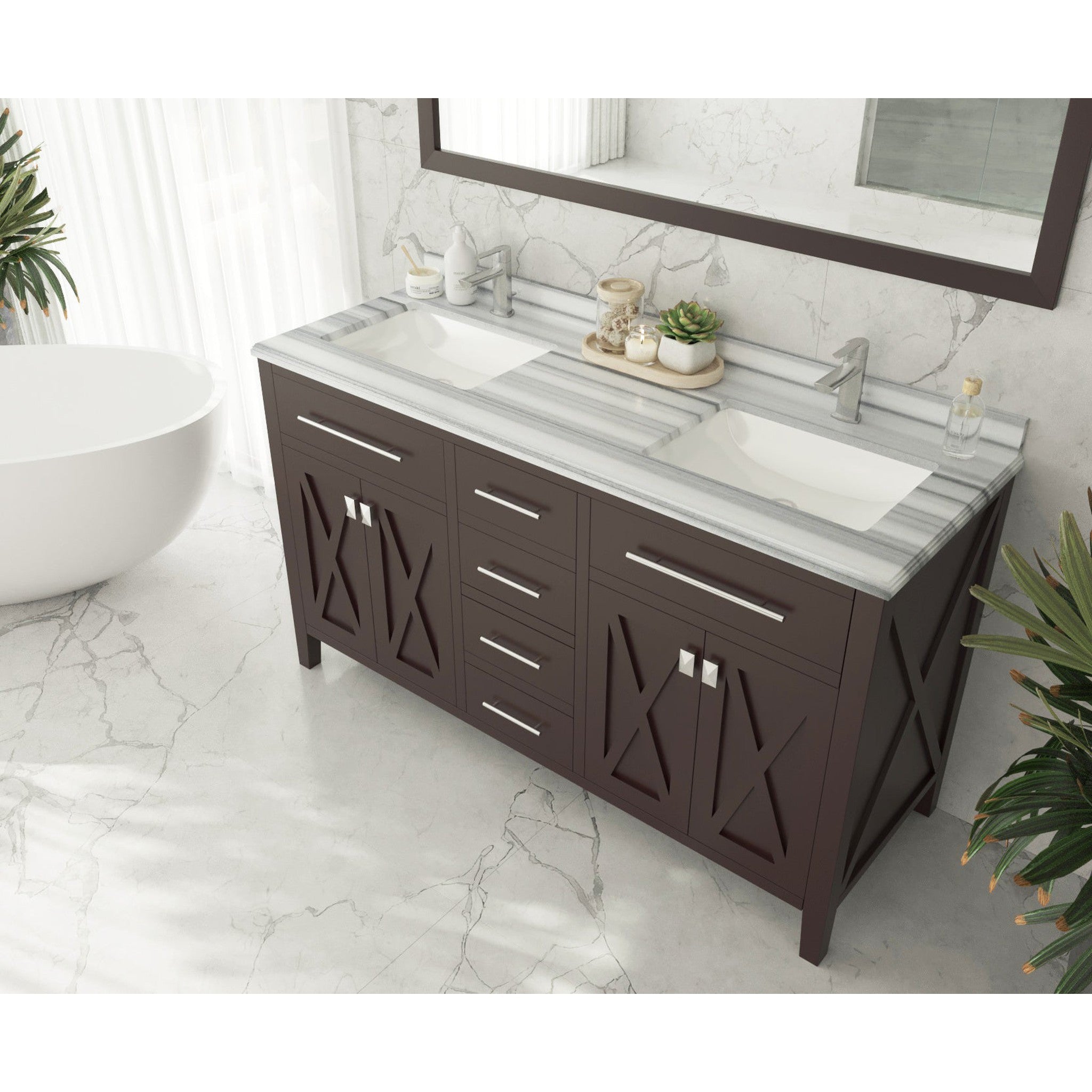 Wimbledon 60" Brown Double Sink Bathroom Vanity with White Stripes Marble Countertop