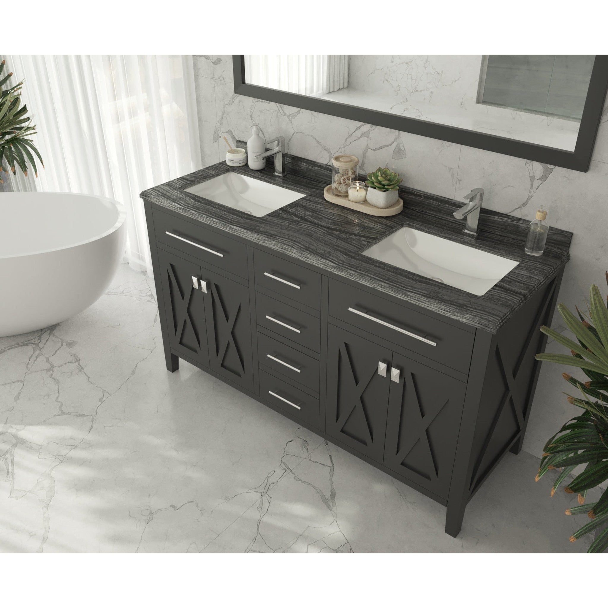 Wimbledon 60" Espresso Double Sink Bathroom Vanity with Black Wood Marble Countertop