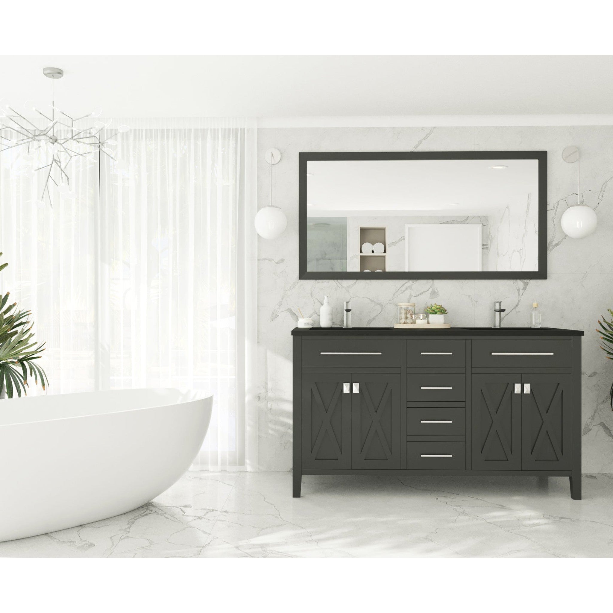 Wimbledon 60" Espresso Double Sink Bathroom Vanity with Matte Black VIVA Stone Solid Surface Countertop