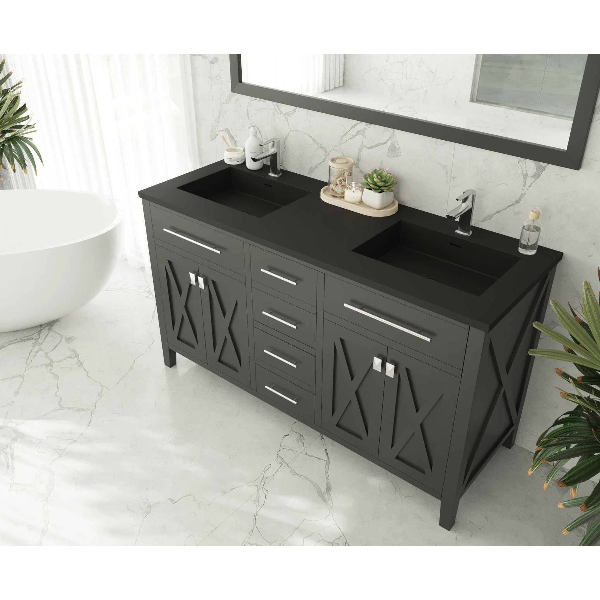 Wimbledon 60" Espresso Double Sink Bathroom Vanity with Matte Black VIVA Stone Solid Surface Countertop