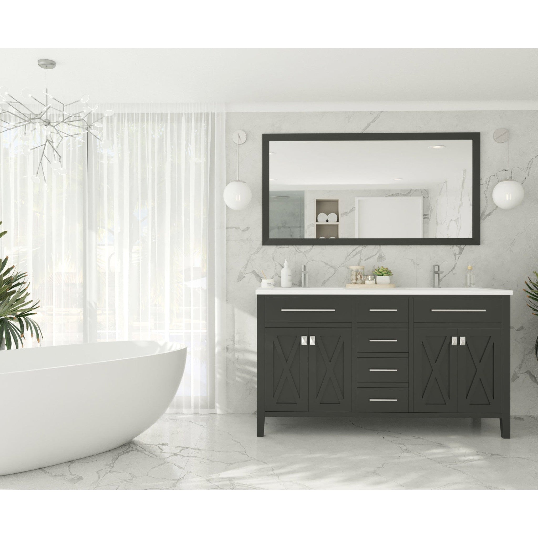 Wimbledon 60" Espresso Double Sink Bathroom Vanity with Matte White VIVA Stone Solid Surface Countertop