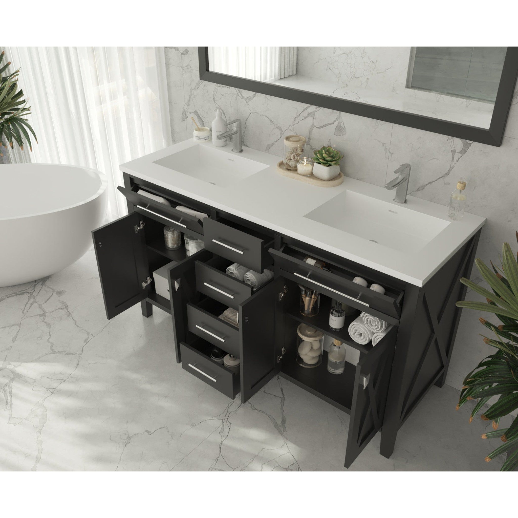 Wimbledon 60" Espresso Double Sink Bathroom Vanity with Matte White VIVA Stone Solid Surface Countertop