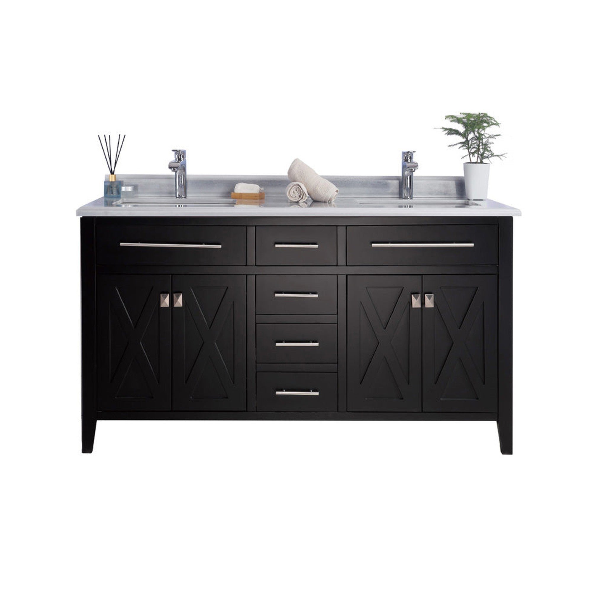 Wimbledon 60" Espresso Double Sink Bathroom Vanity with White Stripes Marble Countertop