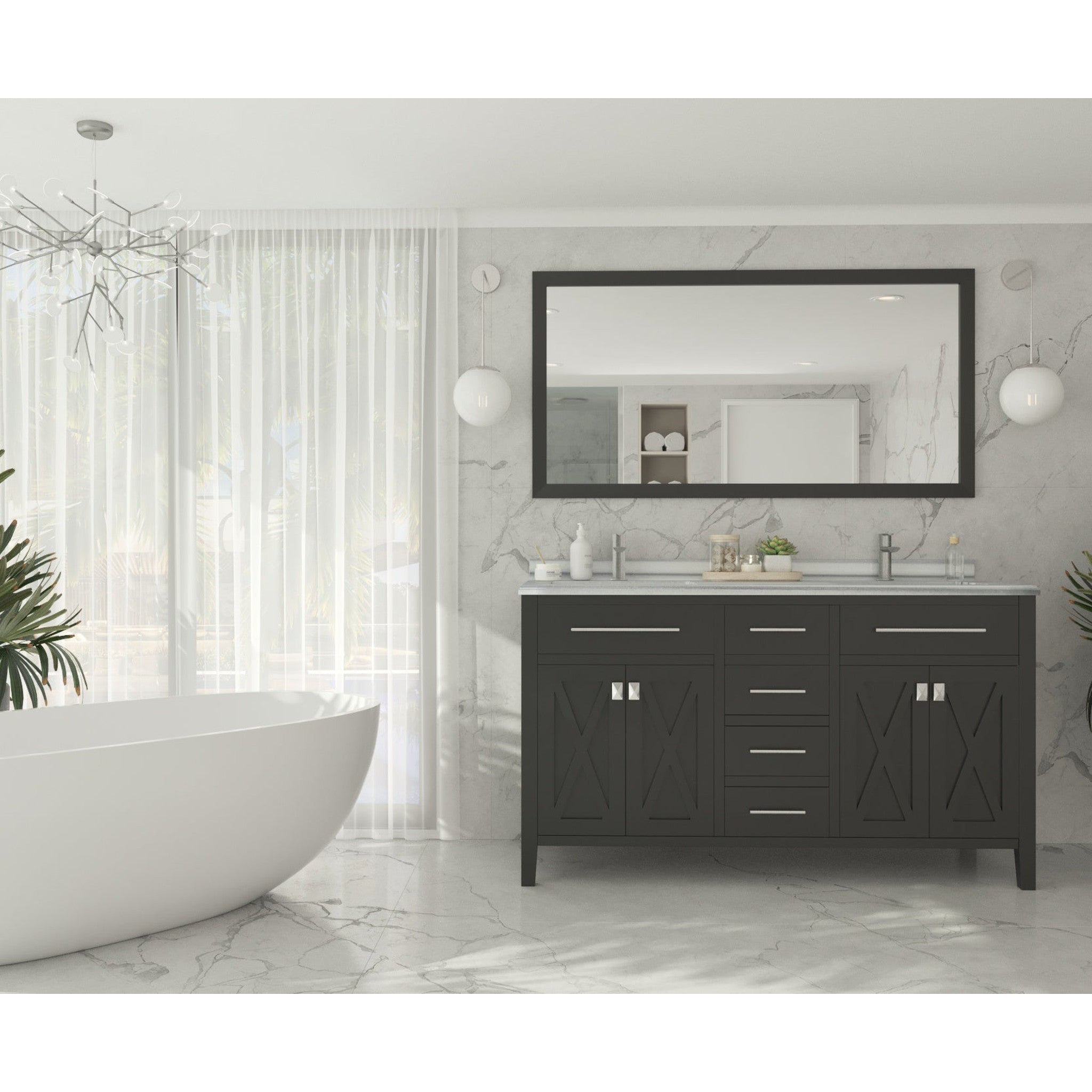 Wimbledon 60" Espresso Double Sink Bathroom Vanity with White Stripes Marble Countertop