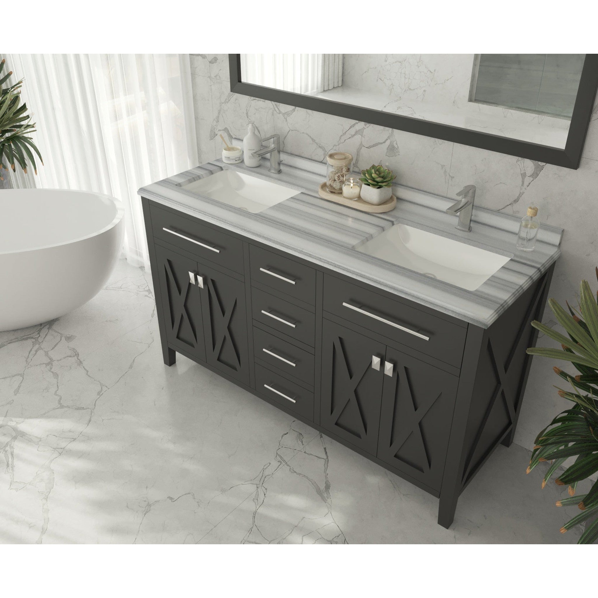 Wimbledon 60" Espresso Double Sink Bathroom Vanity with White Stripes Marble Countertop