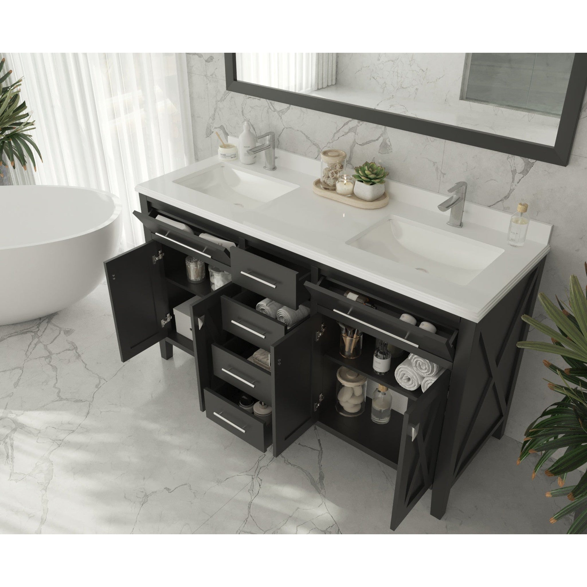 Wimbledon 60" Espresso Double Sink Bathroom Vanity with White Stripes Marble Countertop