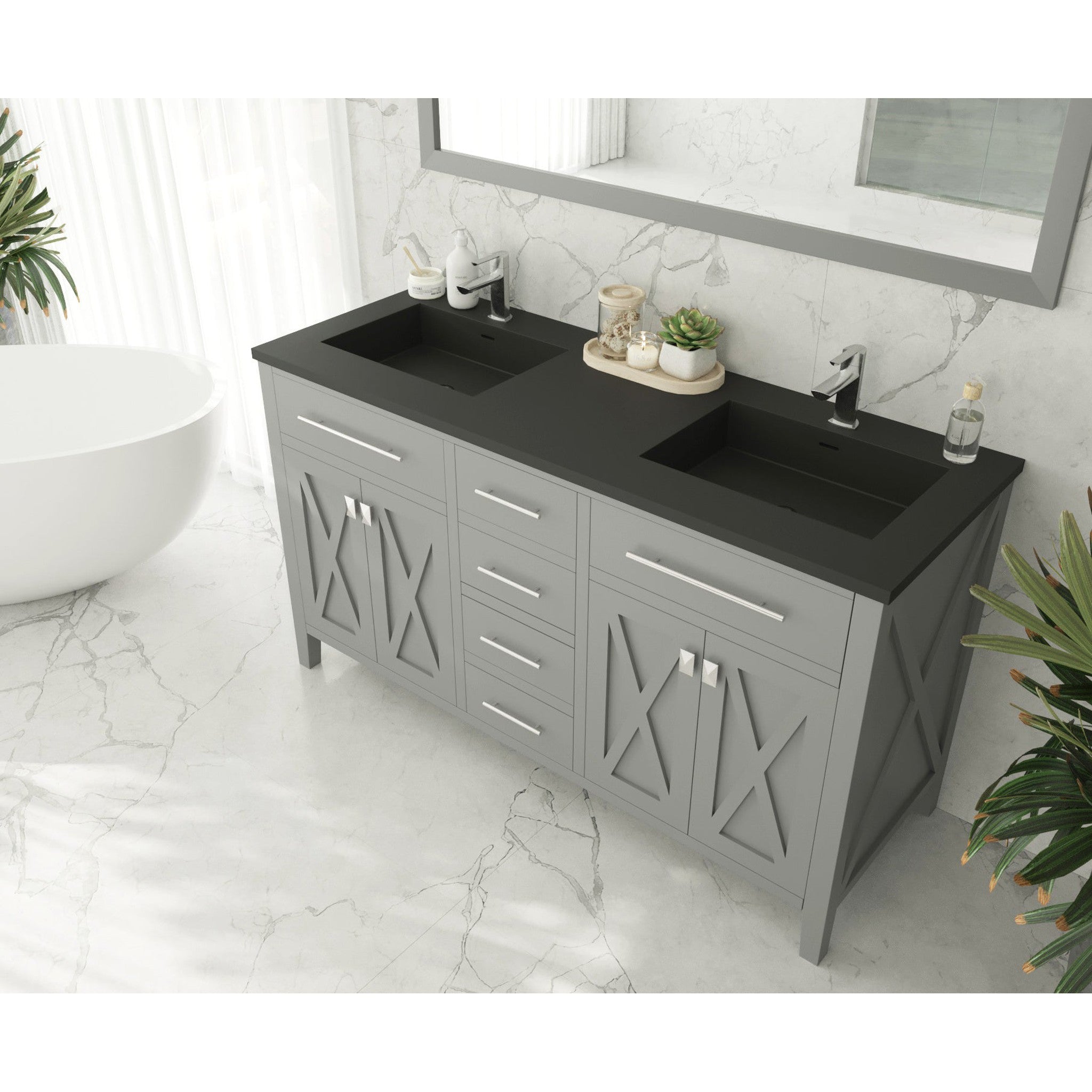 Wimbledon 60" Grey Double Sink Bathroom Vanity with Matte Black VIVA Stone Solid Surface Countertop