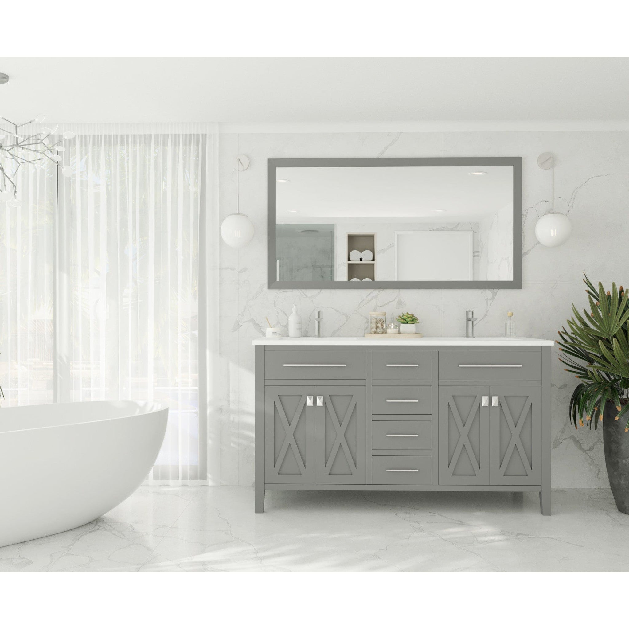 Wimbledon 60" Grey Double Sink Bathroom Vanity with Matte White VIVA Stone Solid Surface Countertop