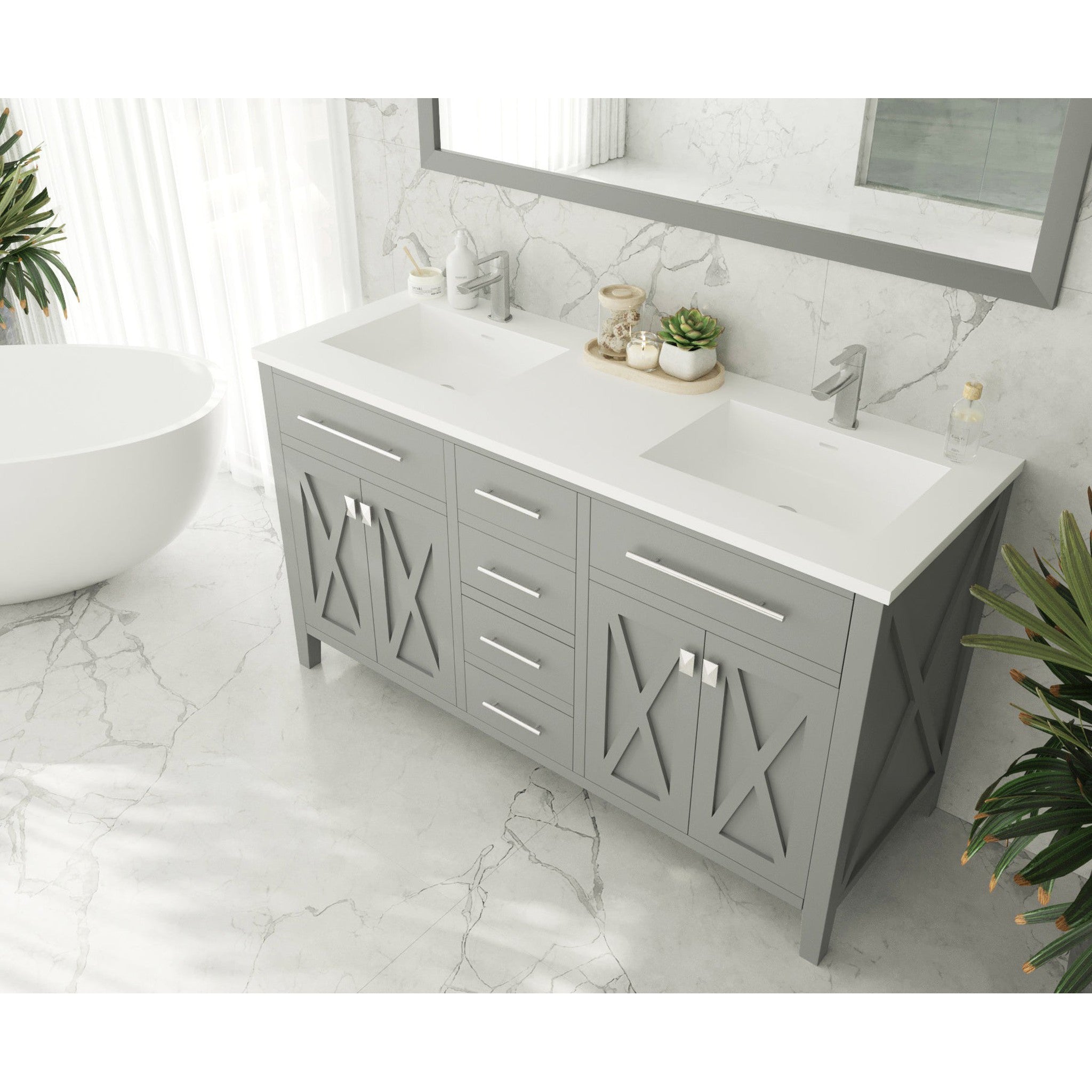 Wimbledon 60" Grey Double Sink Bathroom Vanity with Matte White VIVA Stone Solid Surface Countertop