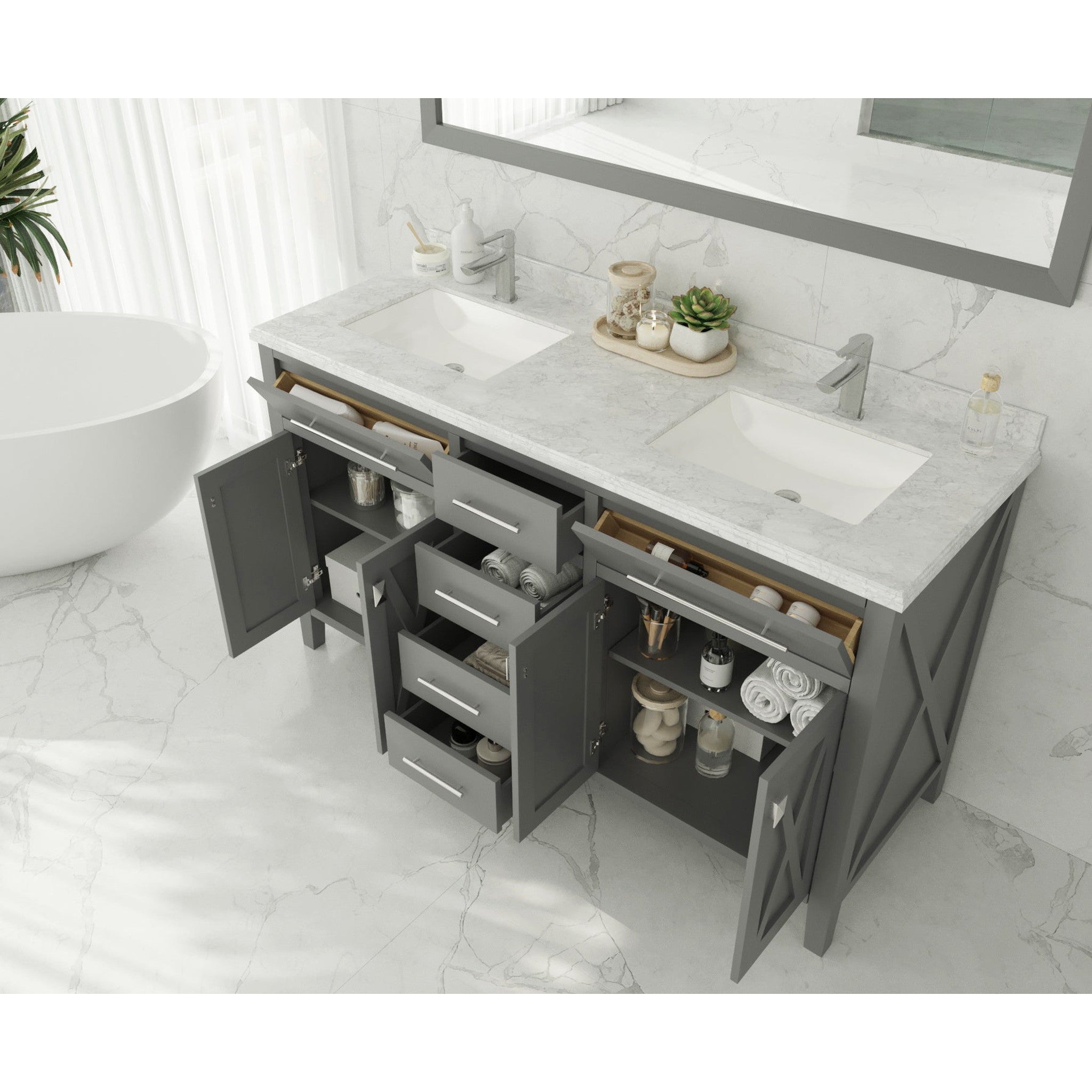 Wimbledon 60" Grey Double Sink Bathroom Vanity with Matte White VIVA Stone Solid Surface Countertop