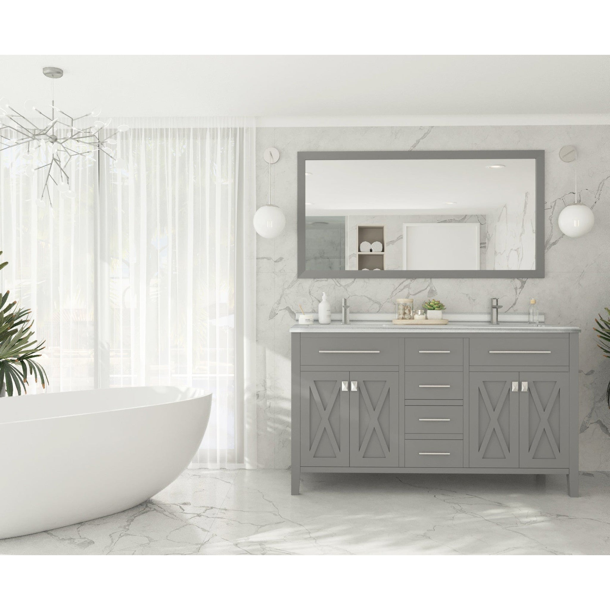 Wimbledon 60" Grey Double Sink Bathroom Vanity with White Stripes Marble Countertop