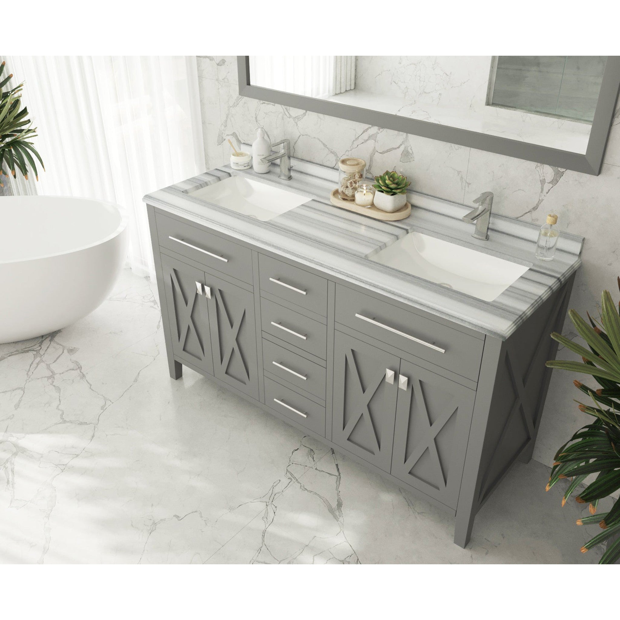 Wimbledon 60" Grey Double Sink Bathroom Vanity with White Stripes Marble Countertop