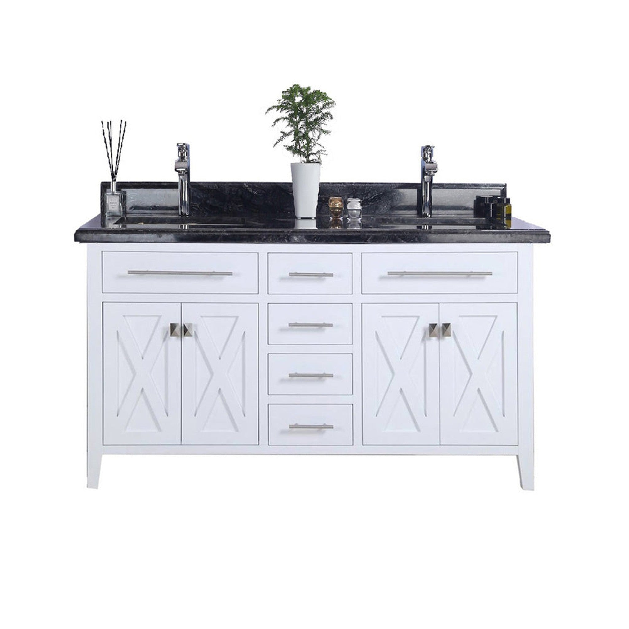 Wimbledon 60" White Double Sink Bathroom Vanity with Black Wood Marble Countertop