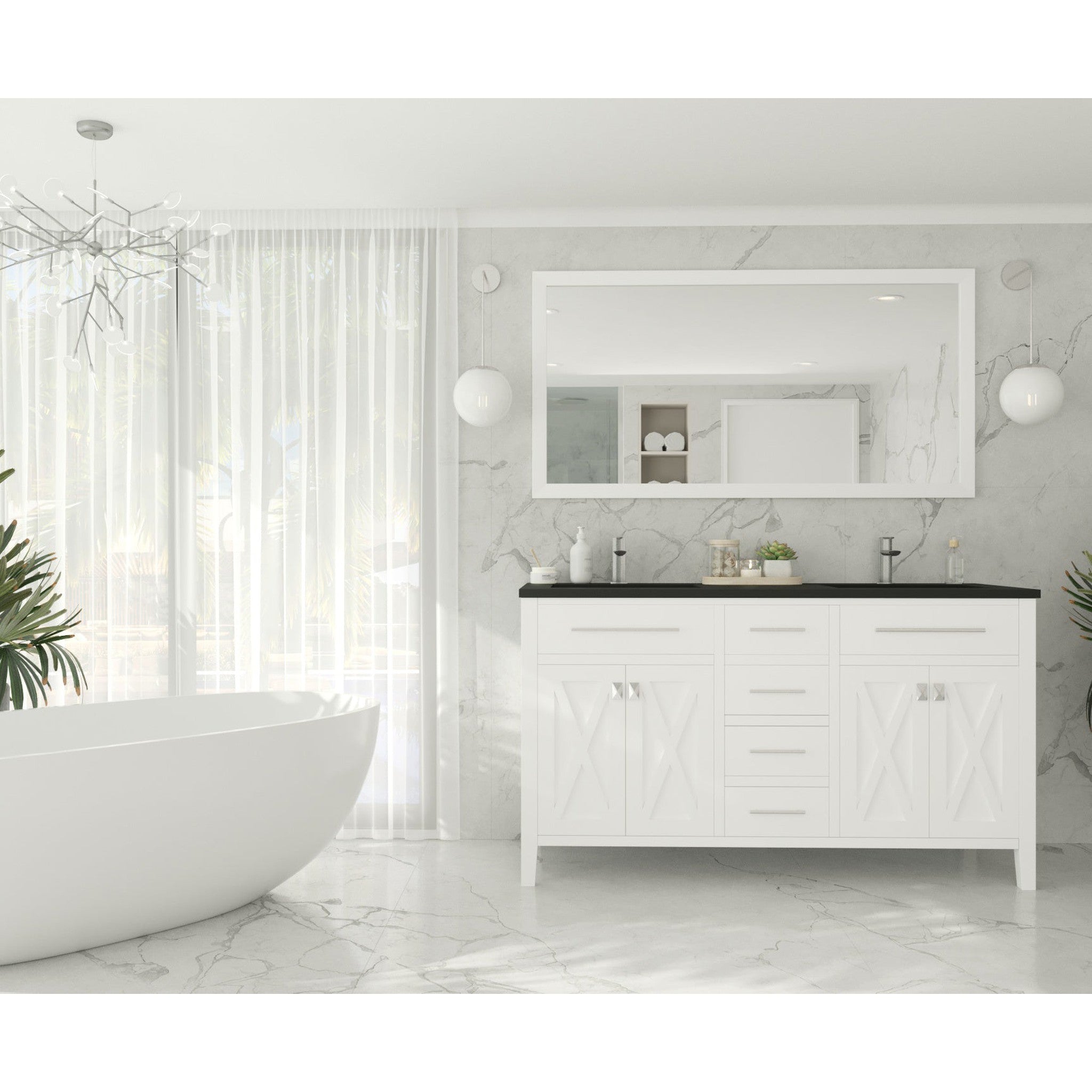 Wimbledon 60" White Double Sink Bathroom Vanity with Matte Black VIVA Stone Solid Surface Countertop