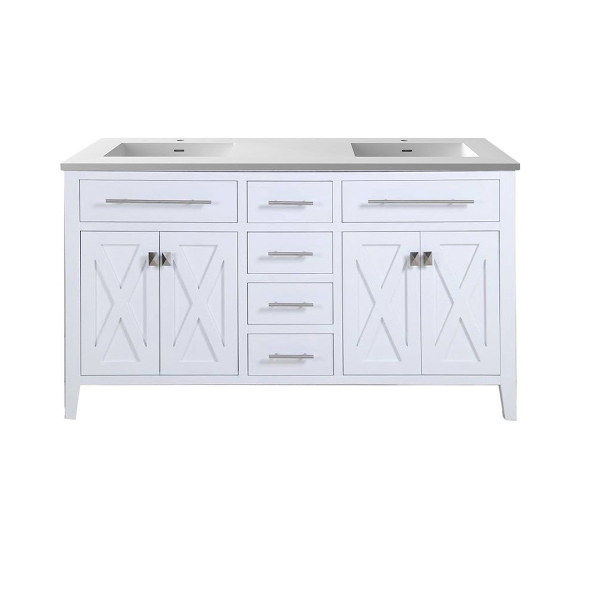 Wimbledon 60" White Double Sink Bathroom Vanity with Matte White VIVA Stone Solid Surface Countertop