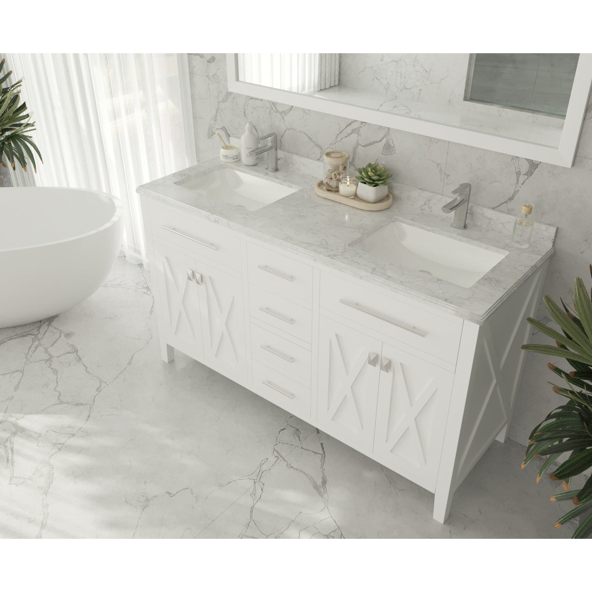 Wimbledon 60" White Double Sink Bathroom Vanity with White Carrara Marble Countertop